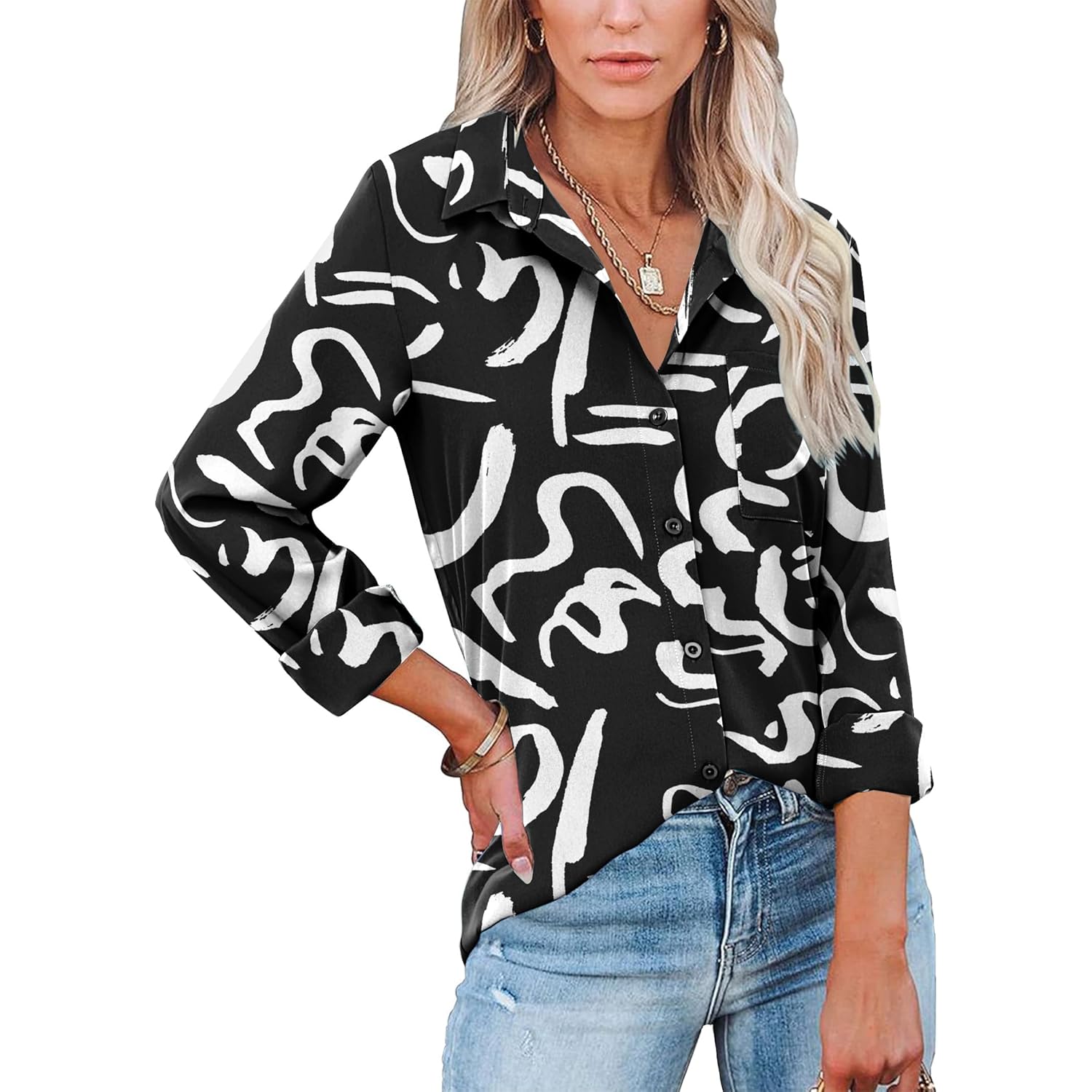 Womens Button Down Shirts Long Sleeve Dress Shirts Casual V Neck Collared Tops Work Office Blouse with Pocket