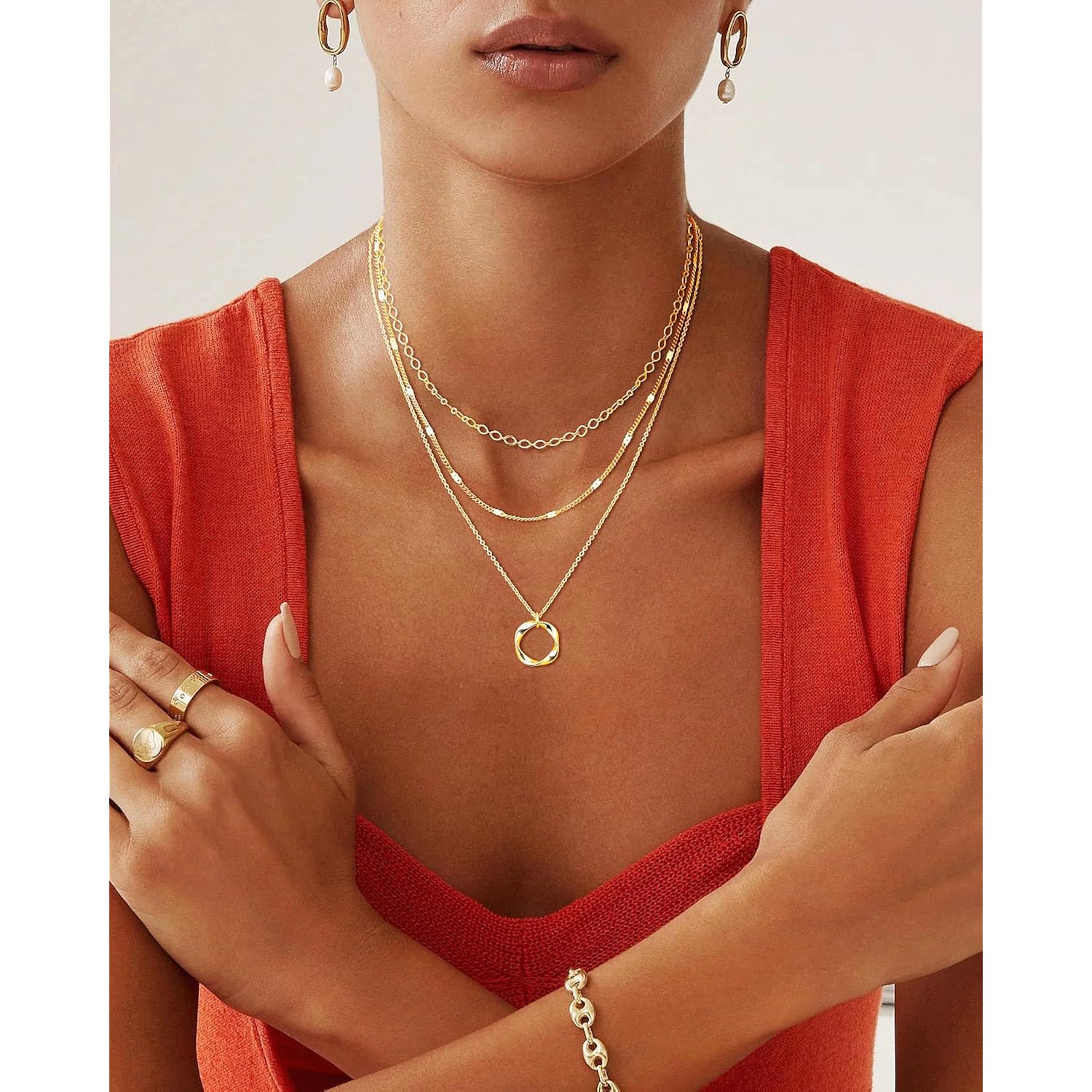 14K Gold Plated Layered Necklaces for Women Trendy, Stackable Dainty Gold Plated Chain Necklace Layering Beach Cute Fashion Pendant Choker Necklaces Jewelry Set Gifts for Women