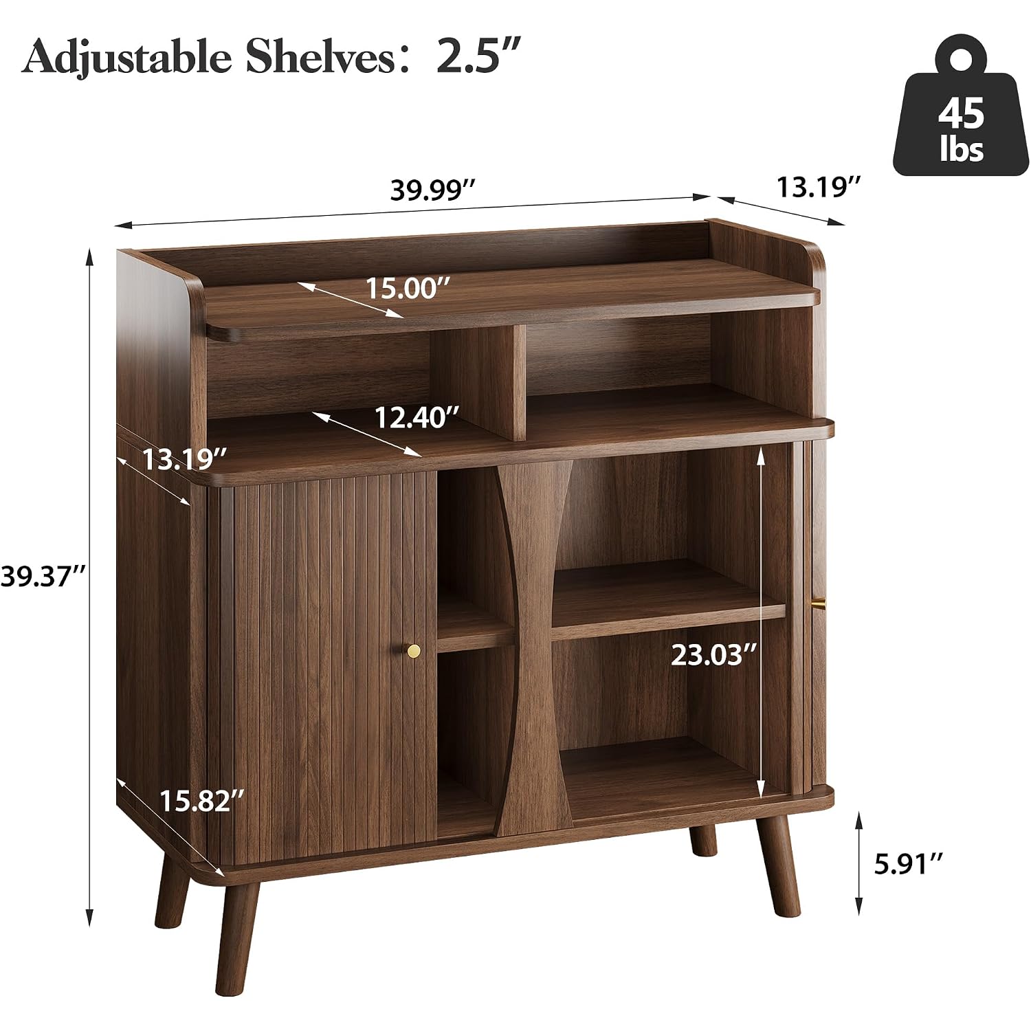 Decofy 39" Buffet Sideboard Cabinet, Mid Century Modern Console Cabinet With Roller Shutter Sliding Doors & Adjustable Shelves For Kitchen Cabinets, Living Room, Entryway, Coffee Bar Cabinet (Walnut)