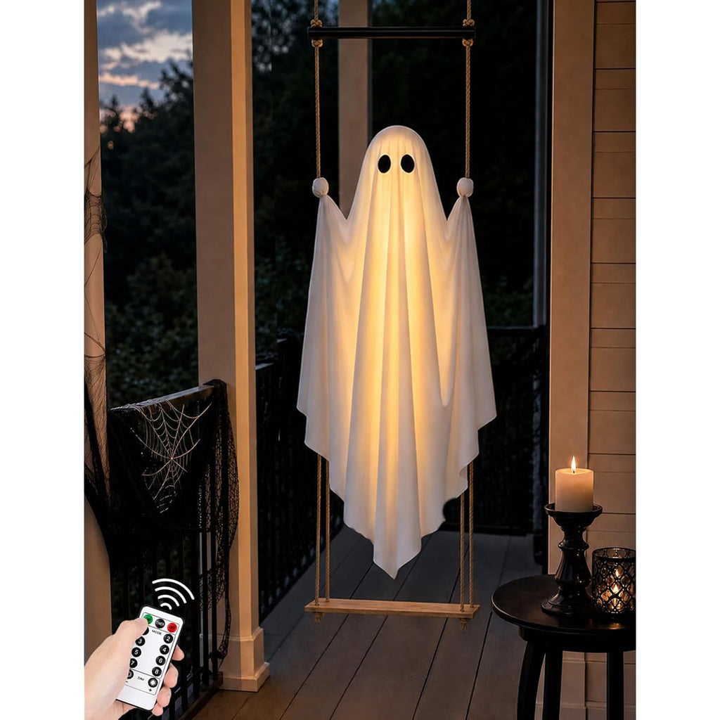Halloween Decorations Outdoor 3.7Ft Pre-Assembled Hanging Swing Ghost With Remote Lights Spooky Hanging Ghosts For Porch Yard Tree Party