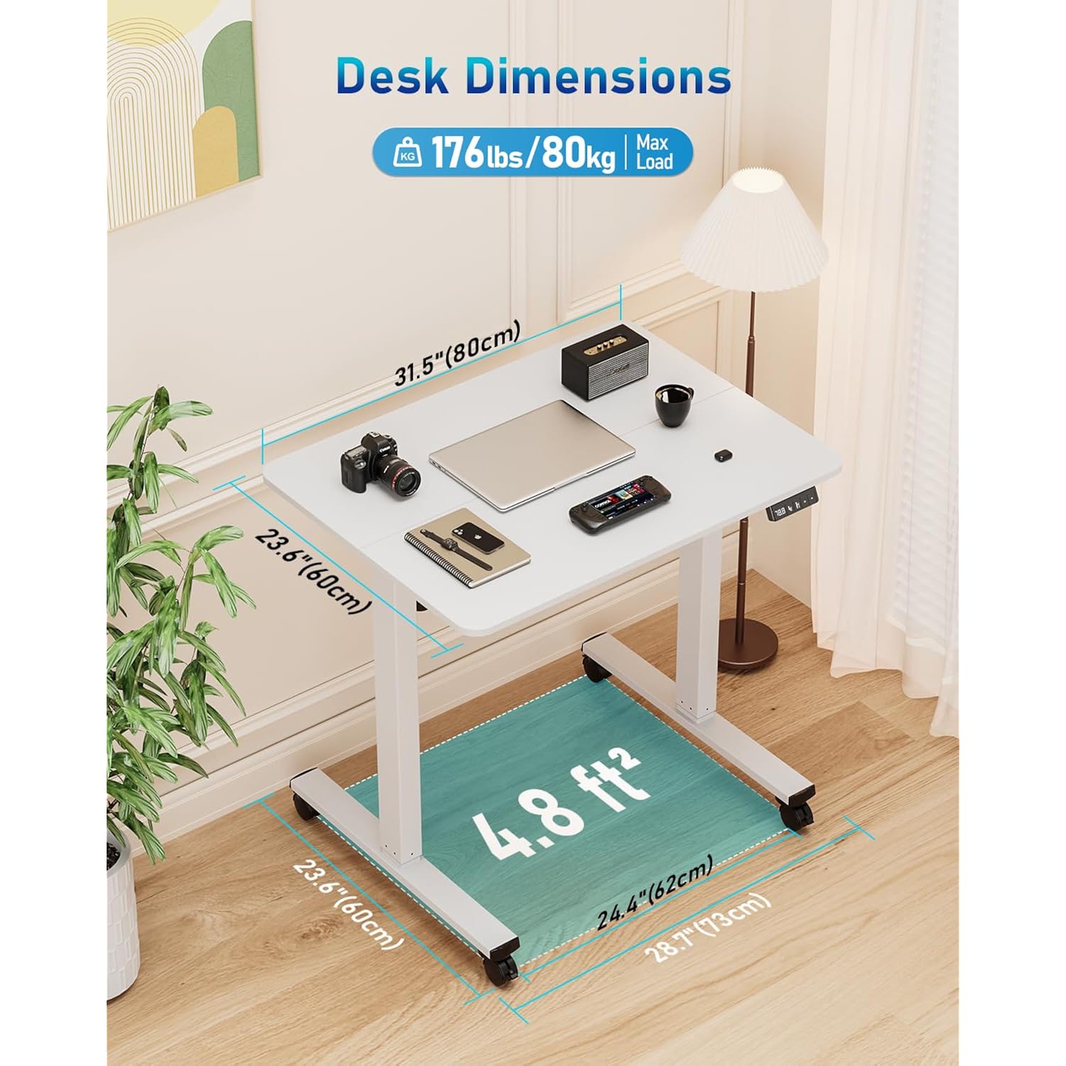32" Small Electric Rolling Standing Desk Adjustable Height, Mobile Sit Stand Up Desk With Lockable Casters For Home Office & Computer Workstation, Splice Board, 2 Hooks, White Frame/White Top