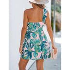 Cupshe Women'S One Shoulder Leaf Print Self-Tie Short Dress Sleeveless Tiered Hem Formal Dress Casual Mini Dress