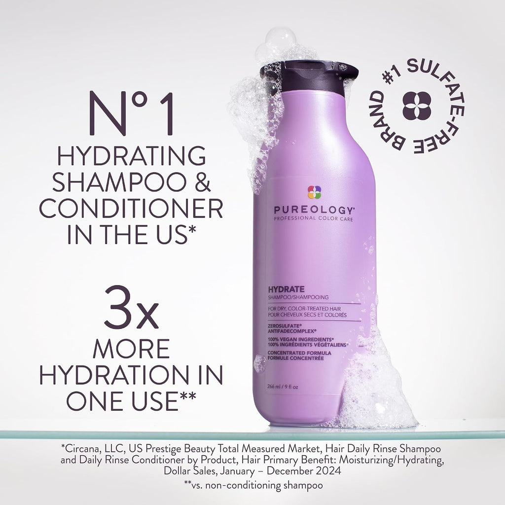 Pureology Hydrate Shampoo - For Dry Or Color Treated Hair, Moisturizing Shampoo For Hydration & Softness, With Rose Extract & Green Tea, Vegan & Sulfate-Free