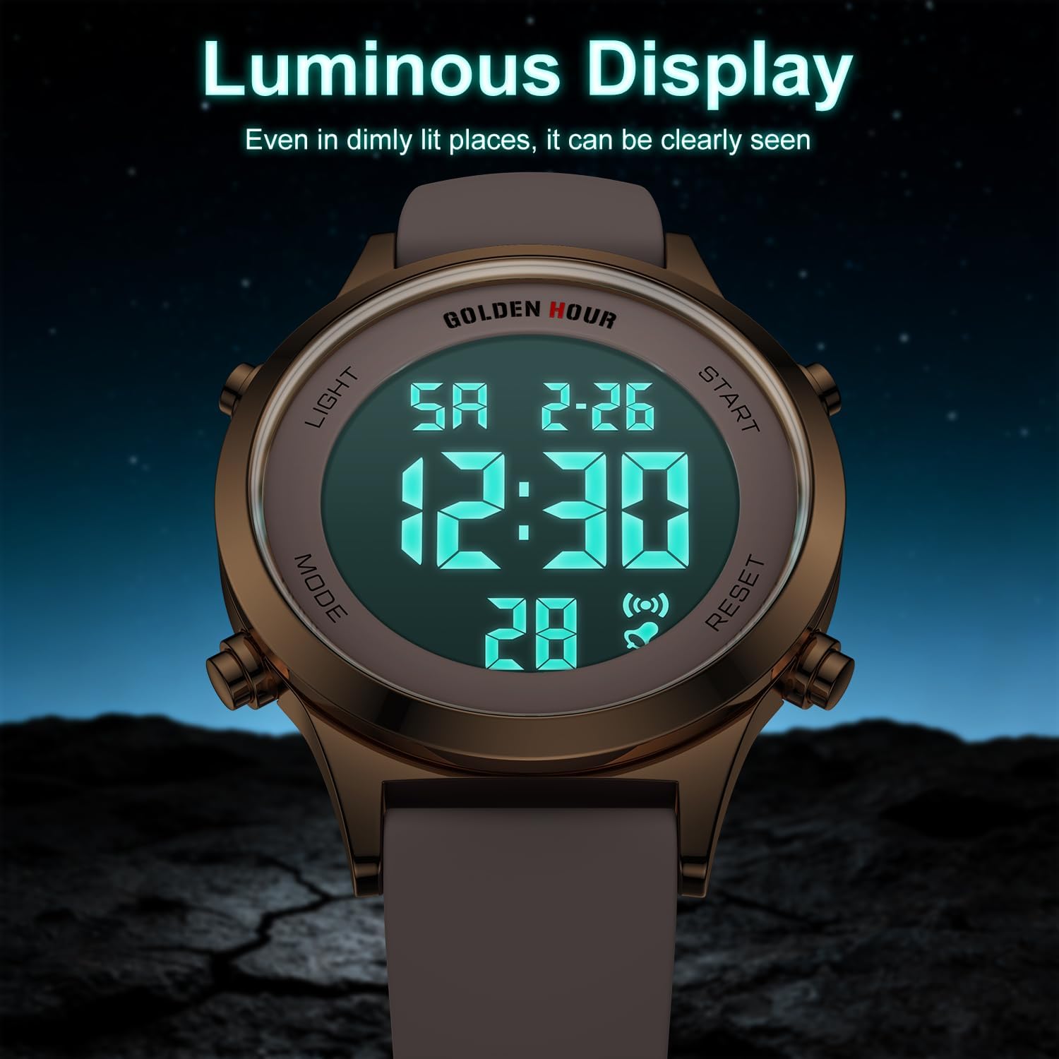Golden Hour Waterproof Women'S Digital Sports Watches With Silicone Strap, Alarm Calendar Stopwatch Chronograph 32Mm Rose Gold Case