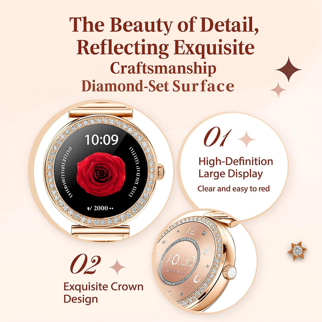 Smart Watches for Women Fitness Tracker with Diamonds Multi-Sport Modes Heart Rate Monitor Sleep Monitoring Bluetooth Calls Female Helath 1.27" Dainty Smartwatch for Android iOS