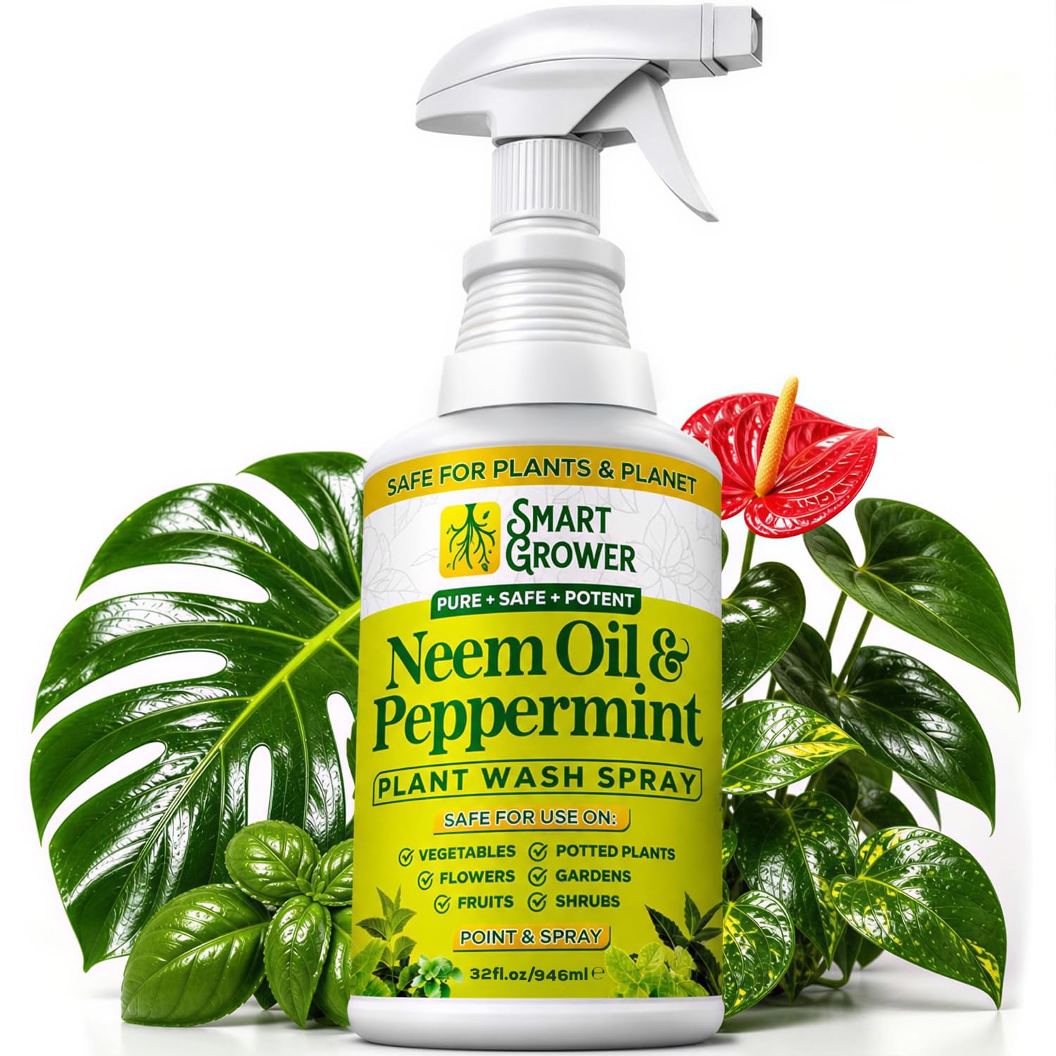 Neem Oil Plant Spray With Peppermint Oil, Indoor & Outdoor Plants, 32 Oz | Ready-To-Use Spray, Natural Plant Wash, Smart Grower