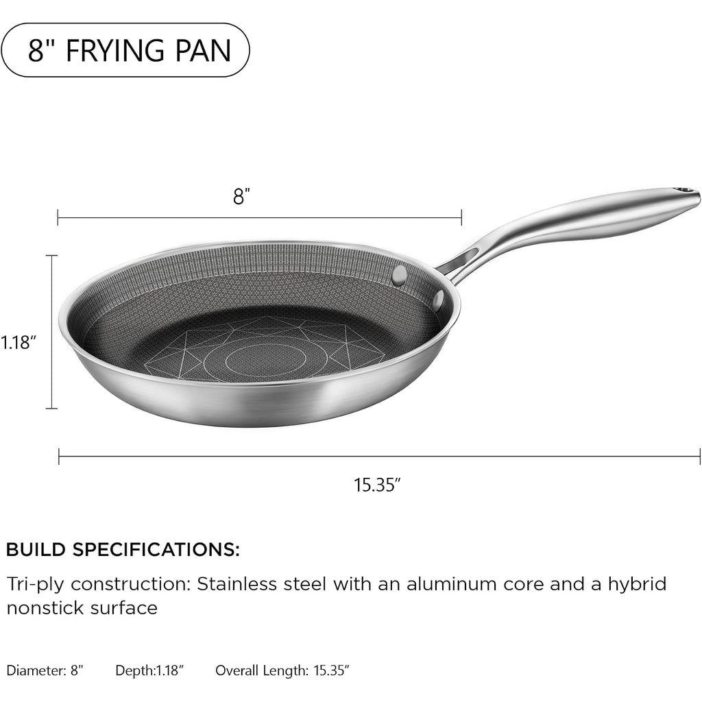 Cooker King 8-Inch Stainless Steel Pan, Hybrid Nonstick Frying Pan – 3-Ply Clad Cookware, Healthy & Non-Toxic, Dishwasher & Oven Safe, Stay-Cool Handle, Induction Compatible – Metal Utensil Safe