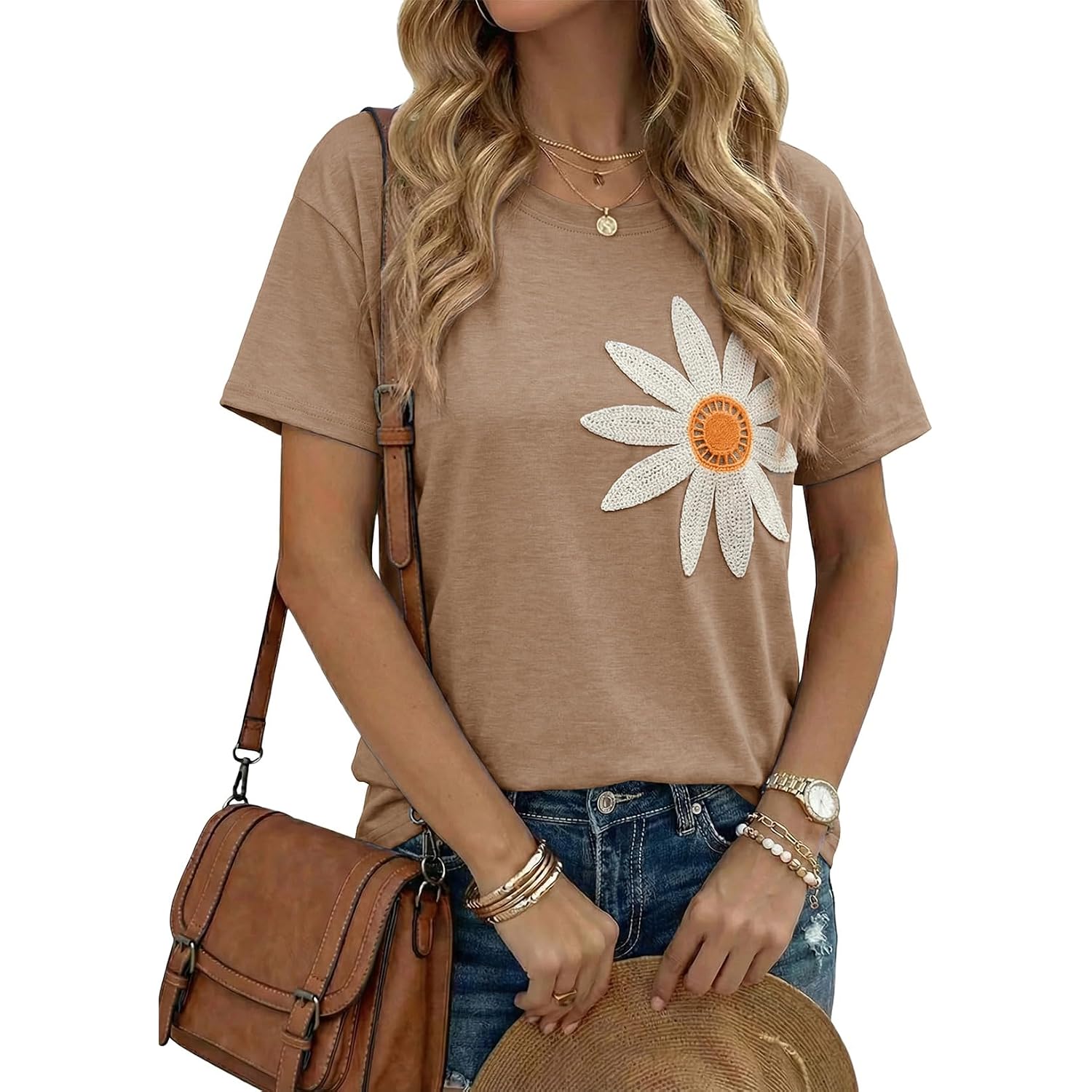 Dokotoo Summer Tops for Women 2026 Flower Embroidery Short Sleeve T-Shirts Crewneck Casual Loose Basic Tee Blouses