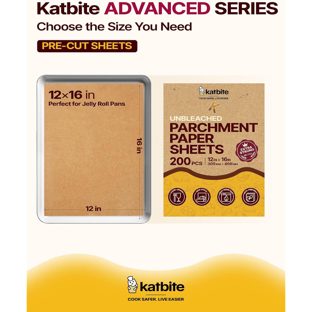 Katbite 200Pcs 12X16 In Unbleached Parchment Paper For Baking, Precut Parchment Paper Sheets, Heavy Duty Flat Baking Paper, Half Sheet Baking Sheets For Baking Cookies, Cooking, Air Fryer, Oven