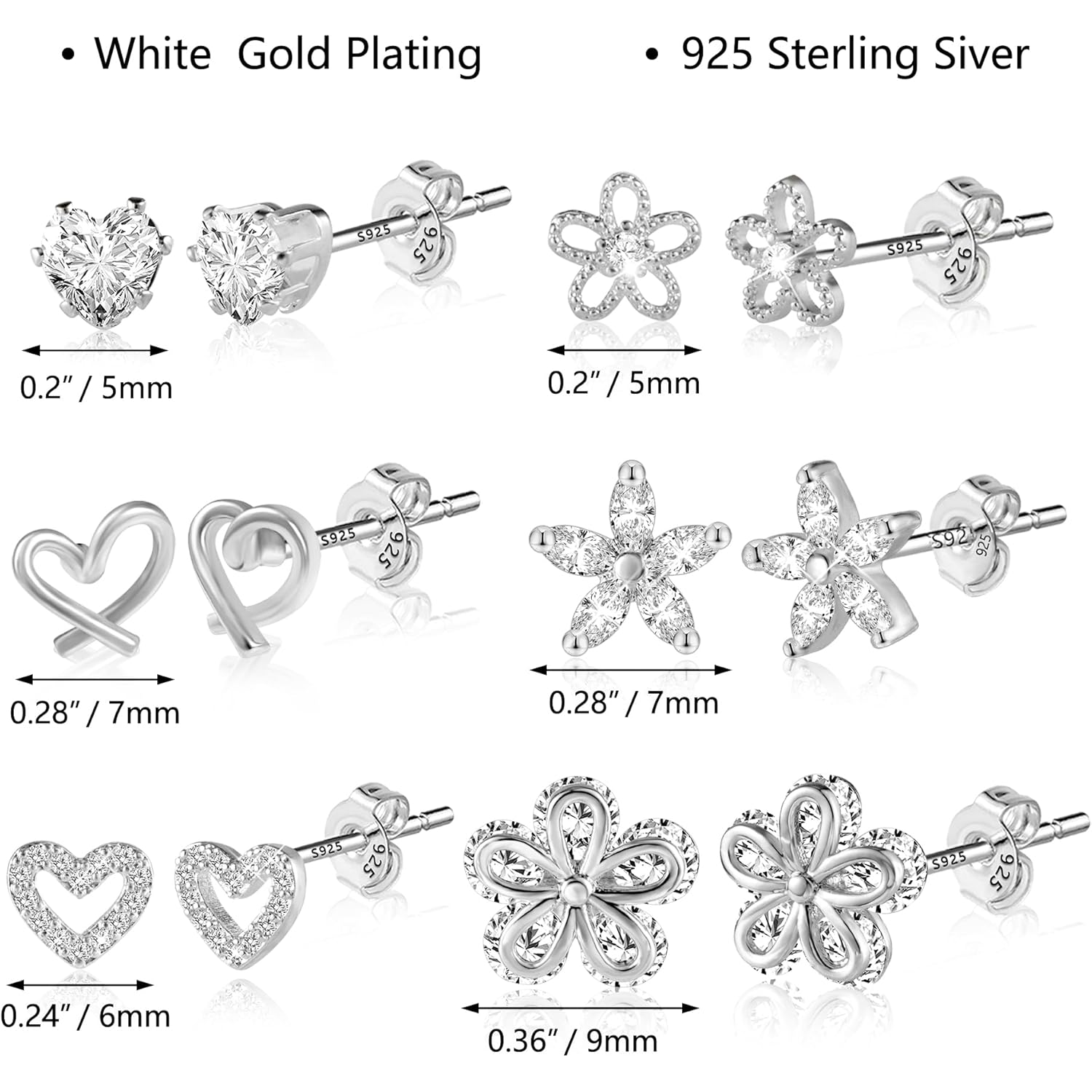 ALEXCRAFT Small Gold Stud Earrings - 6 Pairs Cute Heart Studs for Women - Cubic Zirconia - Hypoallergenic - Pack
