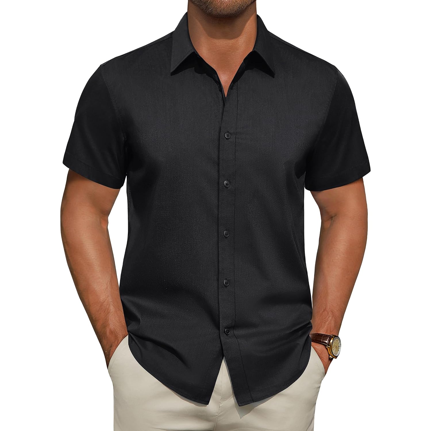 Men'S Short Sleeve Dress Shirts Stretch Stain Shield Business Casual Button Down Shirts Solid Formal Wedding Tops