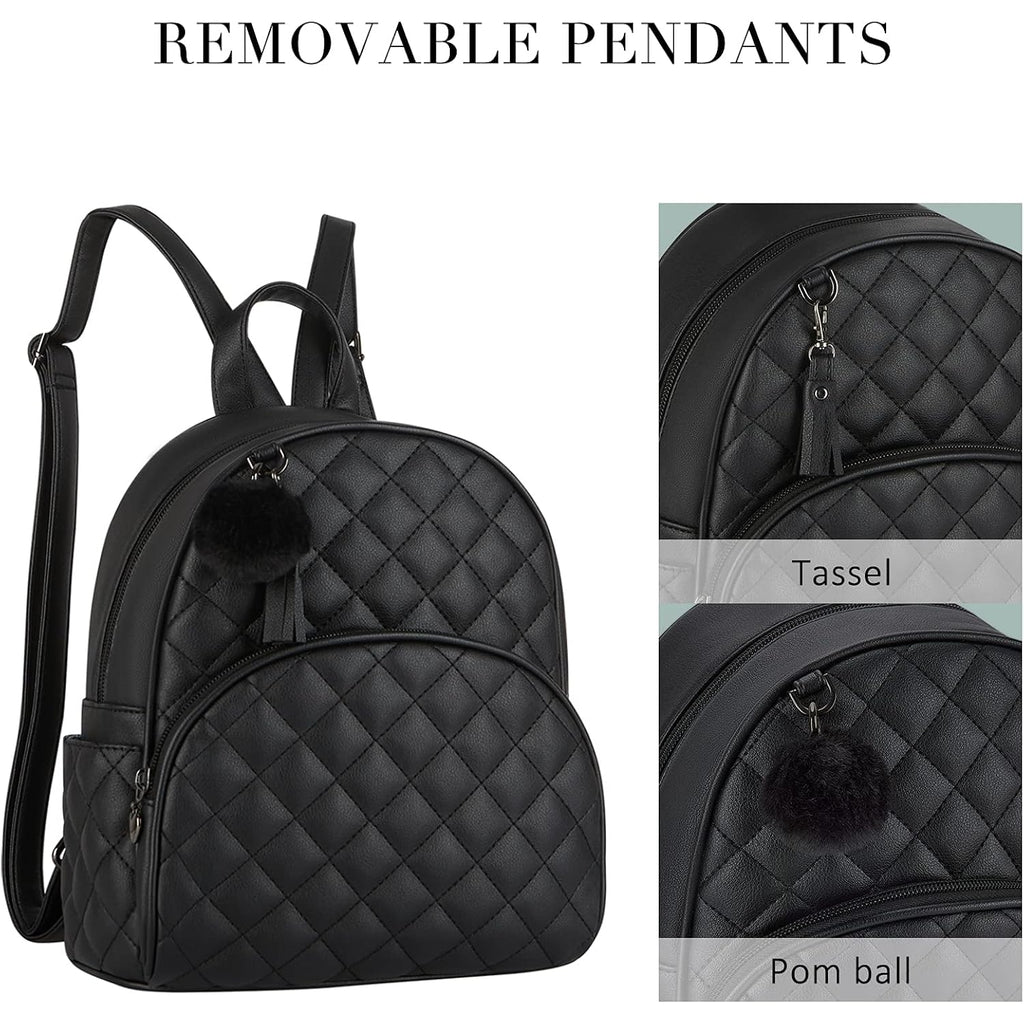 ECOSUSI Mini Backpack for Women Leather Small Backpack Purse for Ladies Cute Pom Bookbag Travel Shoulder Bag with Charm Tassel Black