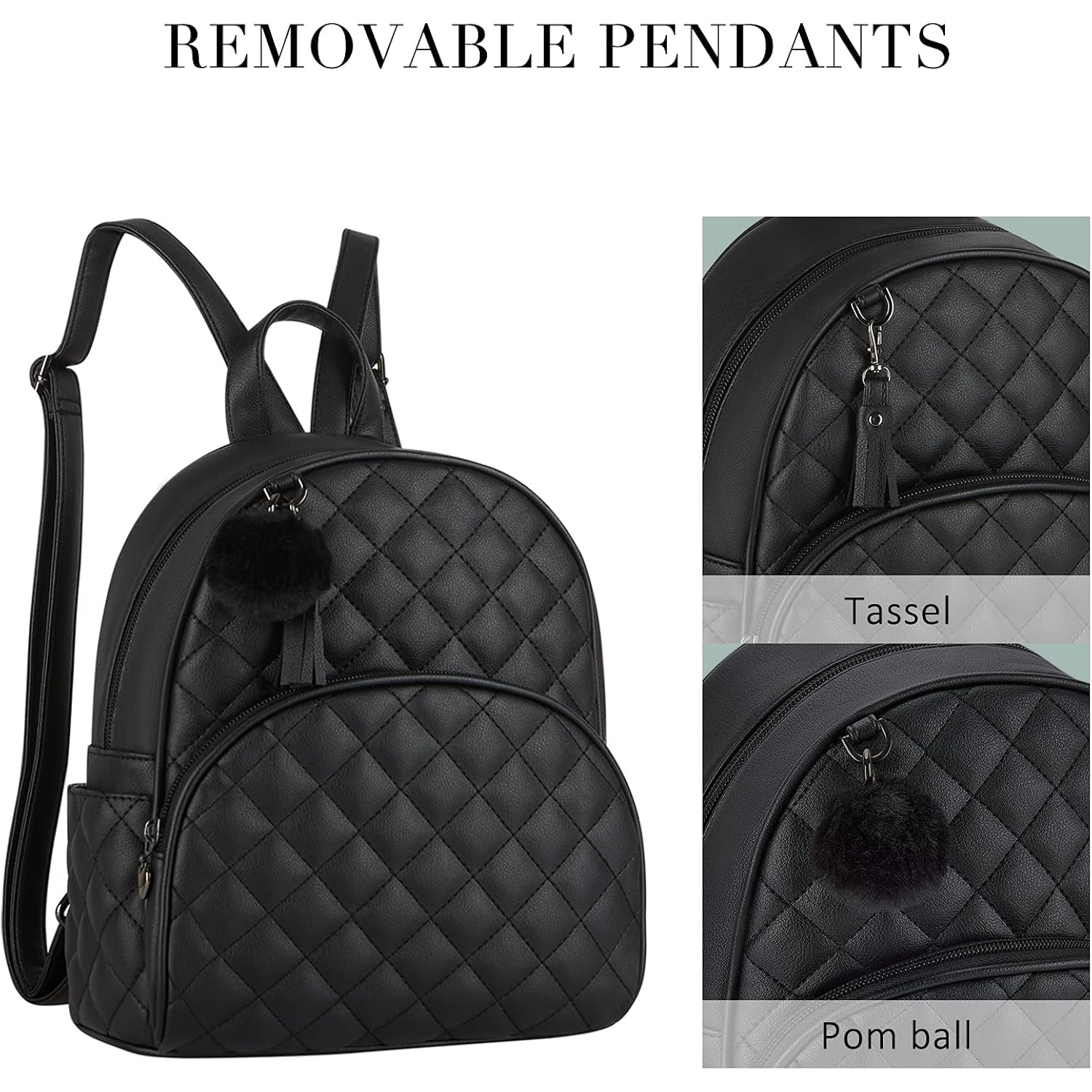 ECOSUSI Mini Backpack for Women Leather Small Backpack Purse for Ladies Cute Pom Bookbag Travel Shoulder Bag with Charm Tassel Black