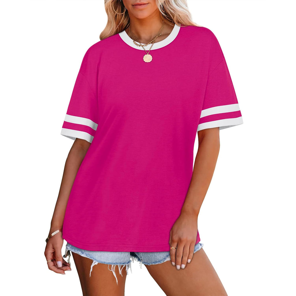 Wiholl Womens T Shirts Loose Fit Short Sleeve Tees Crew Neck Color Block Summer Tops 2026 Fashion