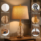 Bedside Table Lamps Set Of 2 With Usb & Faily Night Lights, Farmhouse Boho Bedroom Lamps With Rattan, Night Stand  Glass Table Lamps For End Side Table, Bulbs Included