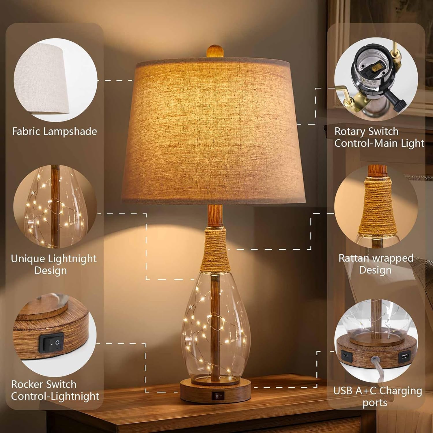 Bedside Table Lamps Set Of 2 With Usb & Faily Night Lights, Farmhouse Boho Bedroom Lamps With Rattan, Night Stand  Glass Table Lamps For End Side Table, Bulbs Included