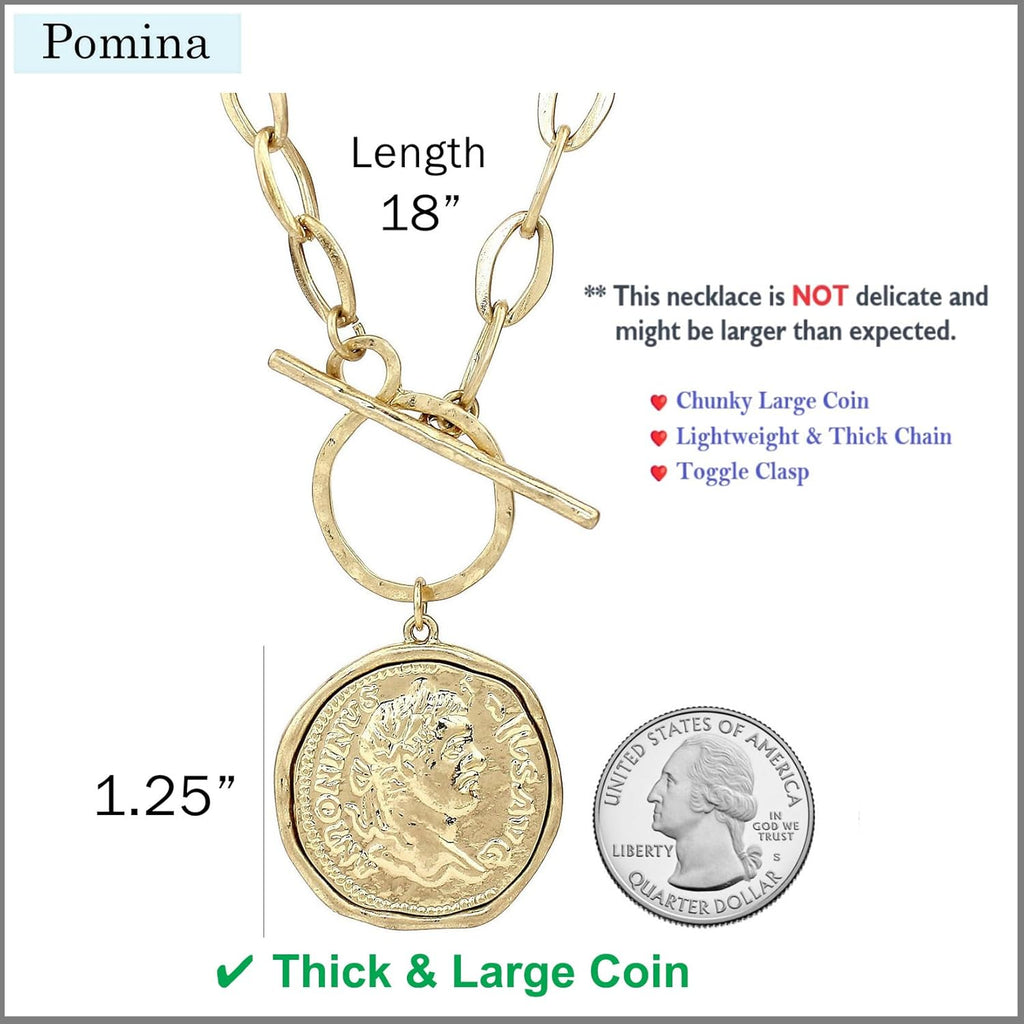 POMINA Chunky Thick Coin Necklace Trendy Fashion Statement Toggle Necklace Worn Gold Tone Pendant Thick Link Chain Layered Pearl Necklace for Women Jewelry