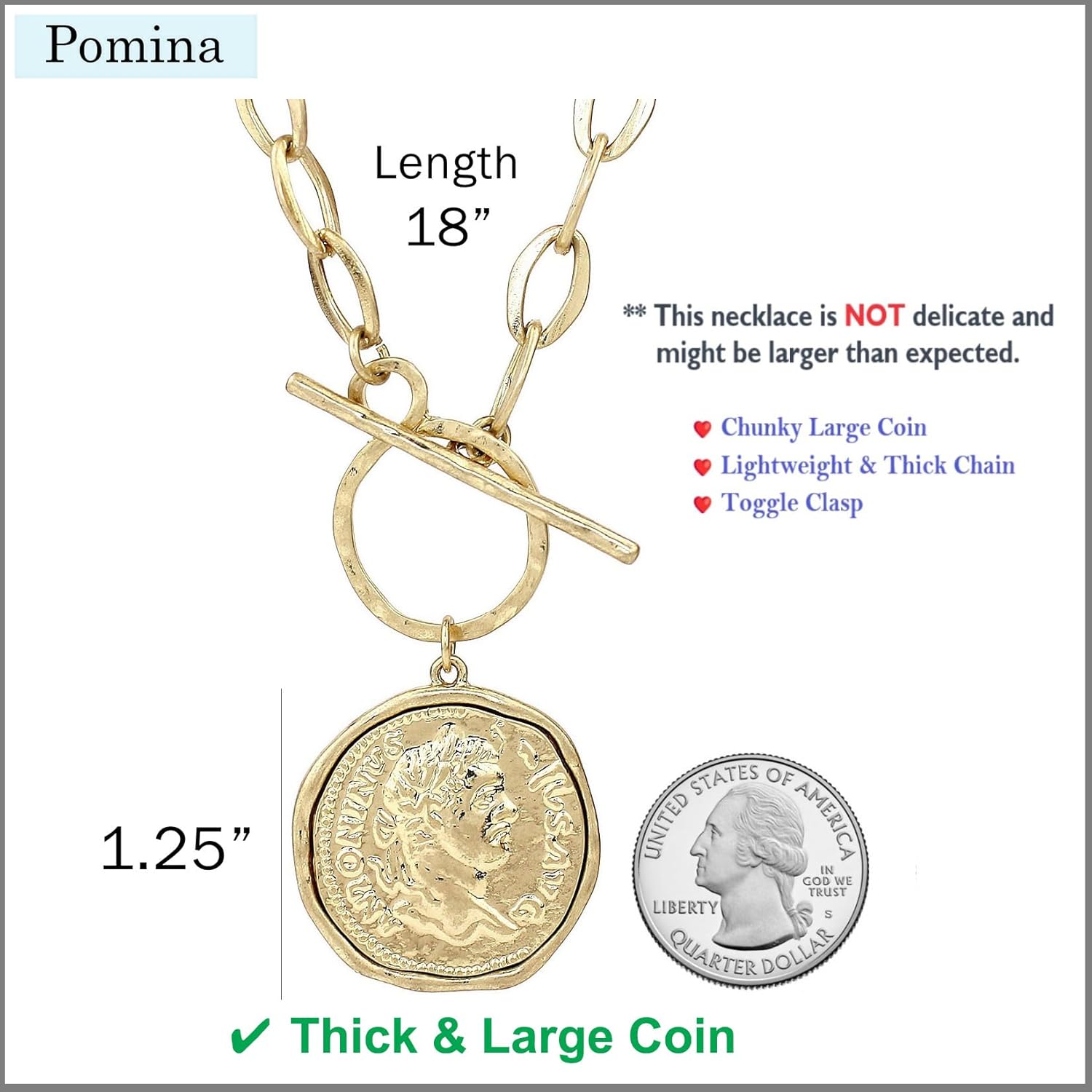 POMINA Chunky Thick Coin Necklace Trendy Fashion Statement Toggle Necklace Worn Gold Tone Pendant Thick Link Chain Layered Pearl Necklace for Women Jewelry