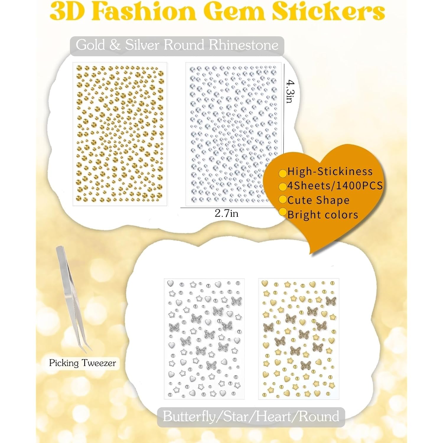 6+4 Gold Silver Face Gems Body Glitter Set: Sparkly Face Hair Glitter Gel & Self Adhesive Butterfly Heart Stars Stickers for Women Disco 50th Birthday Easter Party Makeup Accessories (Gold,Silver)
