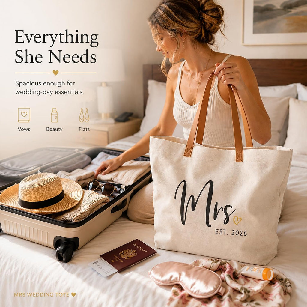 Elegantpark Mrs Gifts For Bride 2026 - Large Canvas Wedding Tote Bag With Zipper, Bridal Shower Gift For Bride To Be, Bachelorette Party Honeymoon Beach Bag