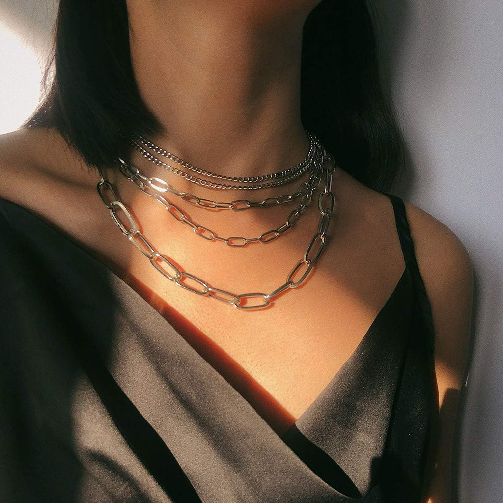 Layered Chain Necklaces for women 18 Inch Gold Plated Paperclip Chain Silver Tone Choker Necklace Rope Ball Chains Punk Jewelry