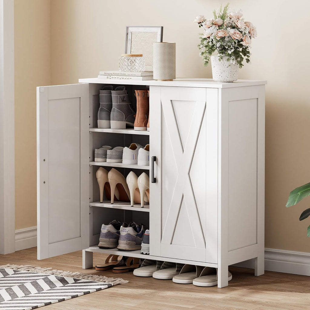 Farmhouse Shoe Cabinet With 2 Barn Doors & Wood Legs, 5-Tier Shoe Storage Cabinet With 3 Adjustable Shelves, Tall Shoe Rack Organizer For Closet, Shoe Organizer For Entryway, Hallway, White