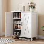 Farmhouse Shoe Cabinet With 2 Barn Doors & Wood Legs, 5-Tier Shoe Storage Cabinet With 3 Adjustable Shelves, Tall Shoe Rack Organizer For Closet, Shoe Organizer For Entryway, Hallway, White
