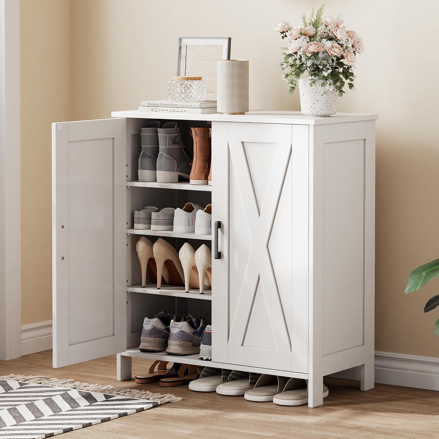Farmhouse Shoe Cabinet With 2 Barn Doors & Wood Legs, 5-Tier Shoe Storage Cabinet With 3 Adjustable Shelves, Tall Shoe Rack Organizer For Closet, Shoe Organizer For Entryway, Hallway, White