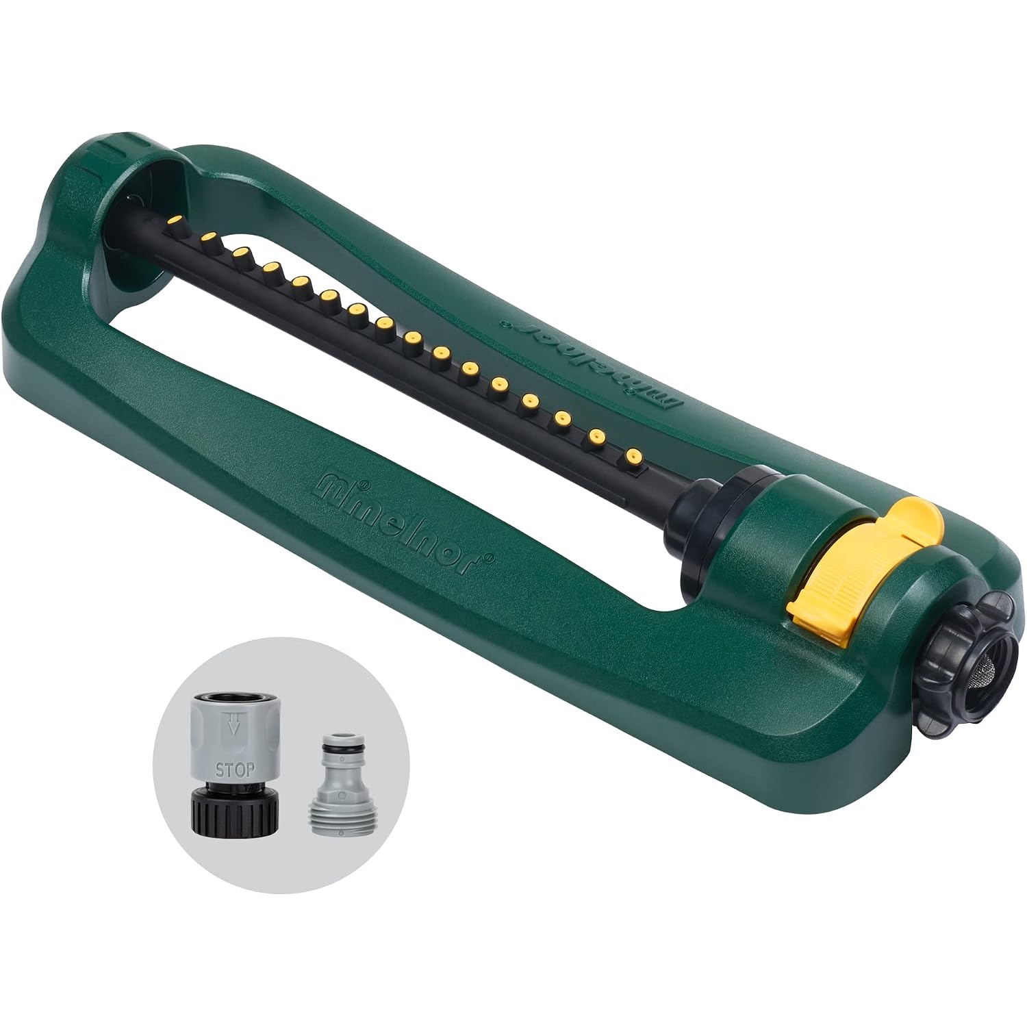 Melnor 65148Amz Turbo Oscillating Sprinkler, Covers Up To 2,800 Sq. Ft., Adjustable Watering Range, Infinitydrive Turbo Motor, Quick Connect Bundle, Green, Yellow