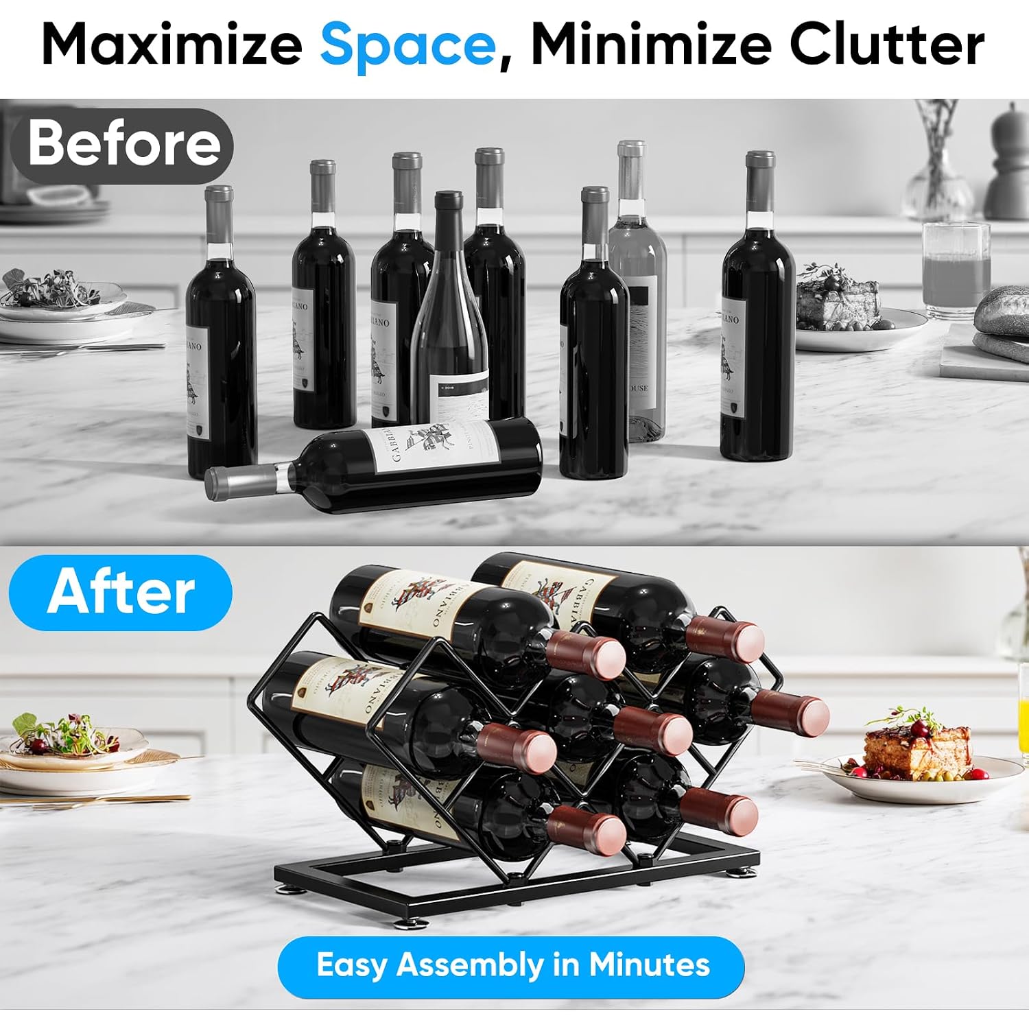 Countertop Wine Rack - 7 Bottles Metal Small Wine Rack Wine Bottle Holder Storage Space Saving For Home Kitchen Bar Tableop Cabinet Pantry