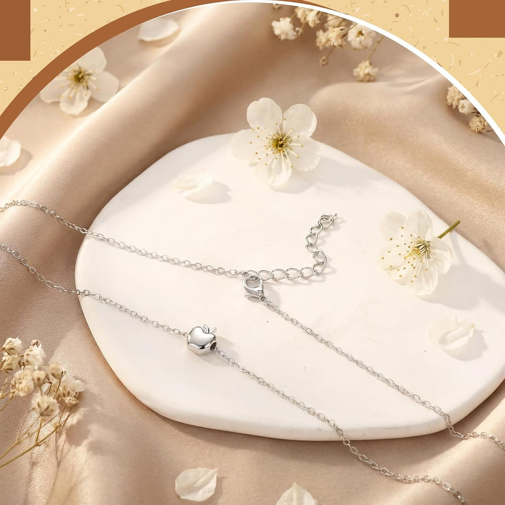 20 Sets Teacher Appreciation Gifts for Women Bulk Silver Apple Necklace Dainty Thank You Gifts Teacher Appreciation Week Graduation Party Favors with Card and Organza Bags(Silver)