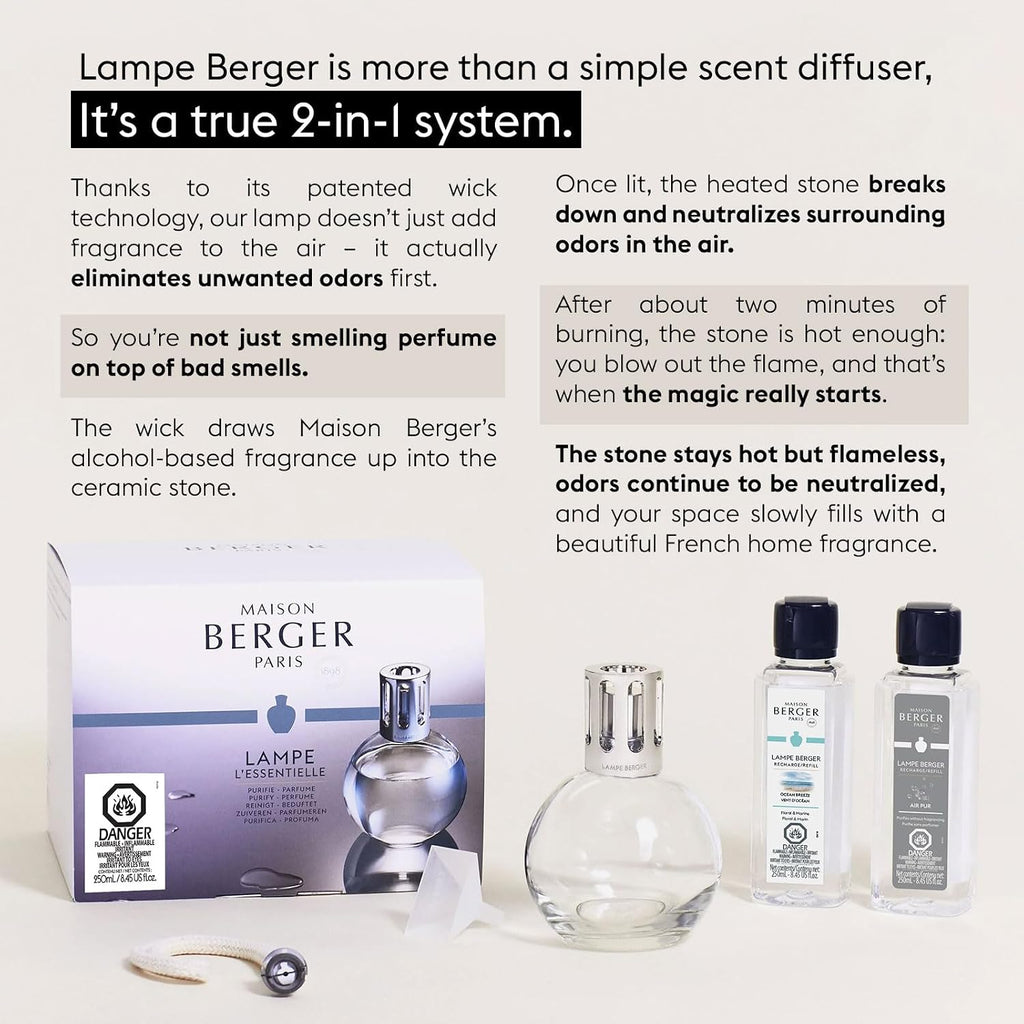 Maison Berger Lampe Berger Starter Kit, Round Lamp + 2 Refills | Round Lamp Starter Kit, 2 X 250 Ml Refills (Ocean Breeze & So Neutral), Helps Neutralize Odors, Made In France