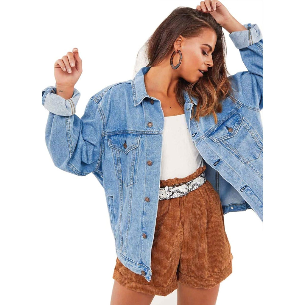 Women'S Oversized Vintage Denim Jacket Long Sleeve Boyfriend Coat