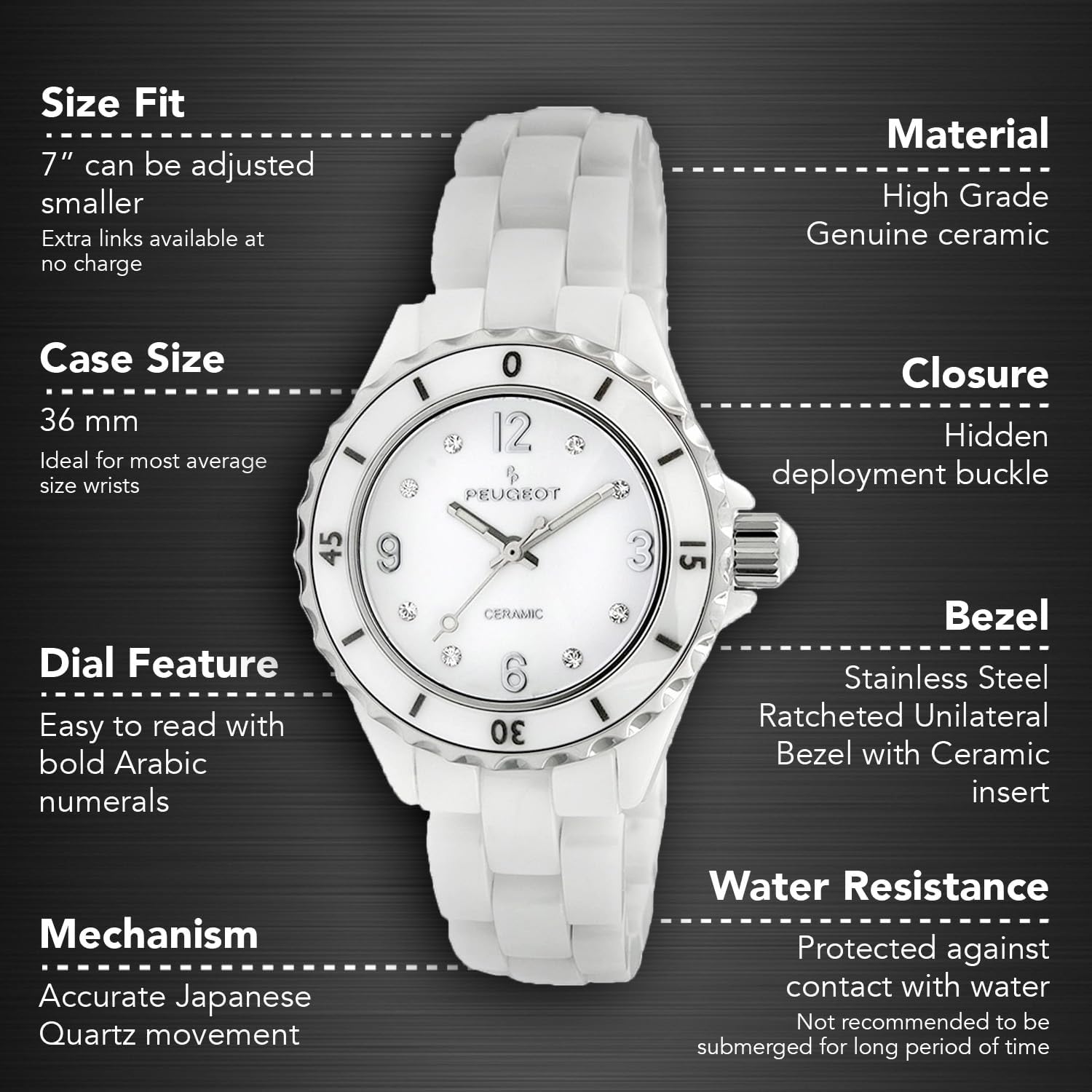 Peugeot Ceramic Wrist Watch With Sport Bezel Swarovski & Crystal Markers