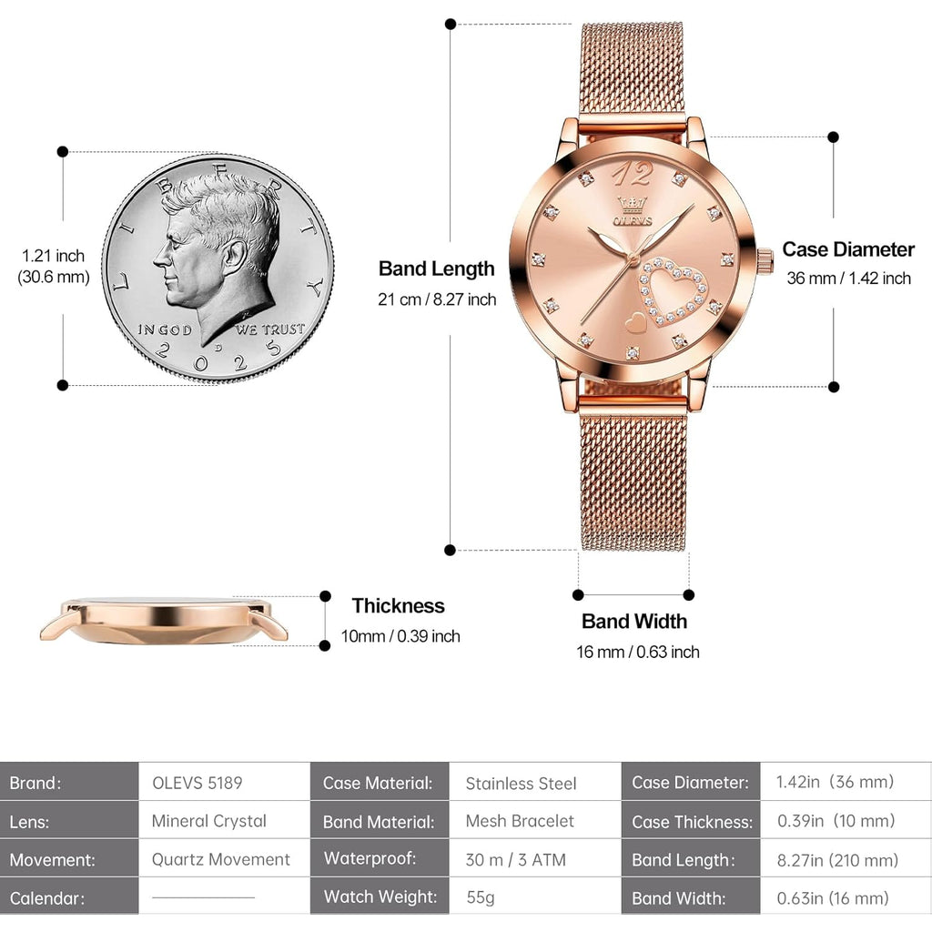 OLEVS Women's Small Wrist Rose Gold Tone Watch - Cute Diamond Heart Arabic Numerals Dial, Fashion Waterproof Mesh Bracelet Analog Dress for Ladies