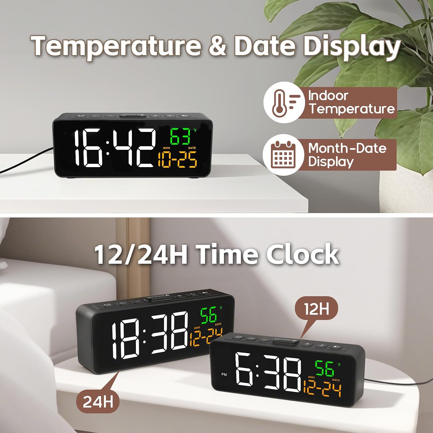 3-In-1 Digital Clocks For Living Room With Temperature, Date & Time Display - 4 Levels Birghtness, 3 Volumes, Small & Compact Plug-In Alarm Clock For Bedroom, Office (Black)