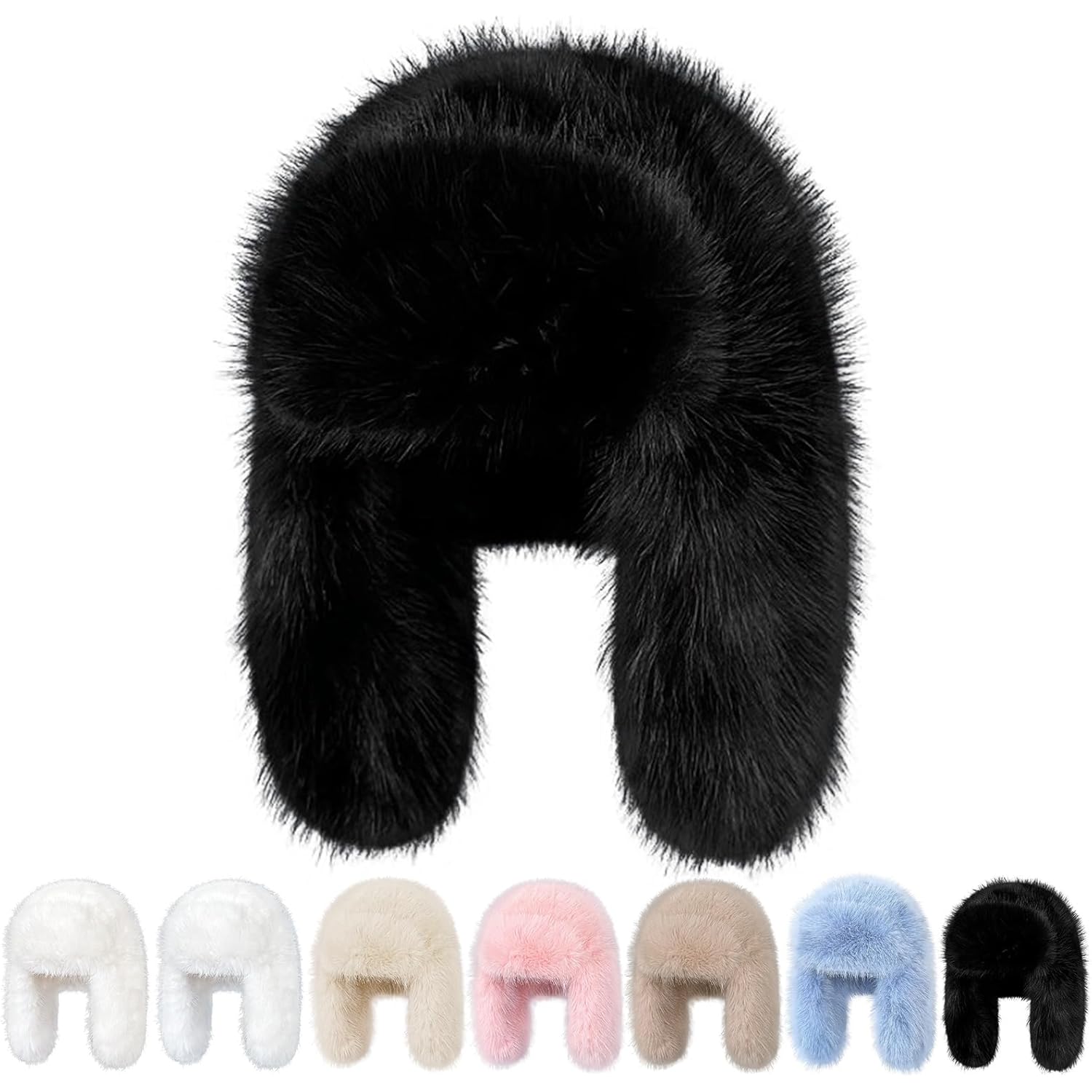Peicees Oversized Fur Trapper Hat for Women Ladies Russian Ushanka Furry Winter Hat with Ear Flaps Fuzzy Warm Black White XL