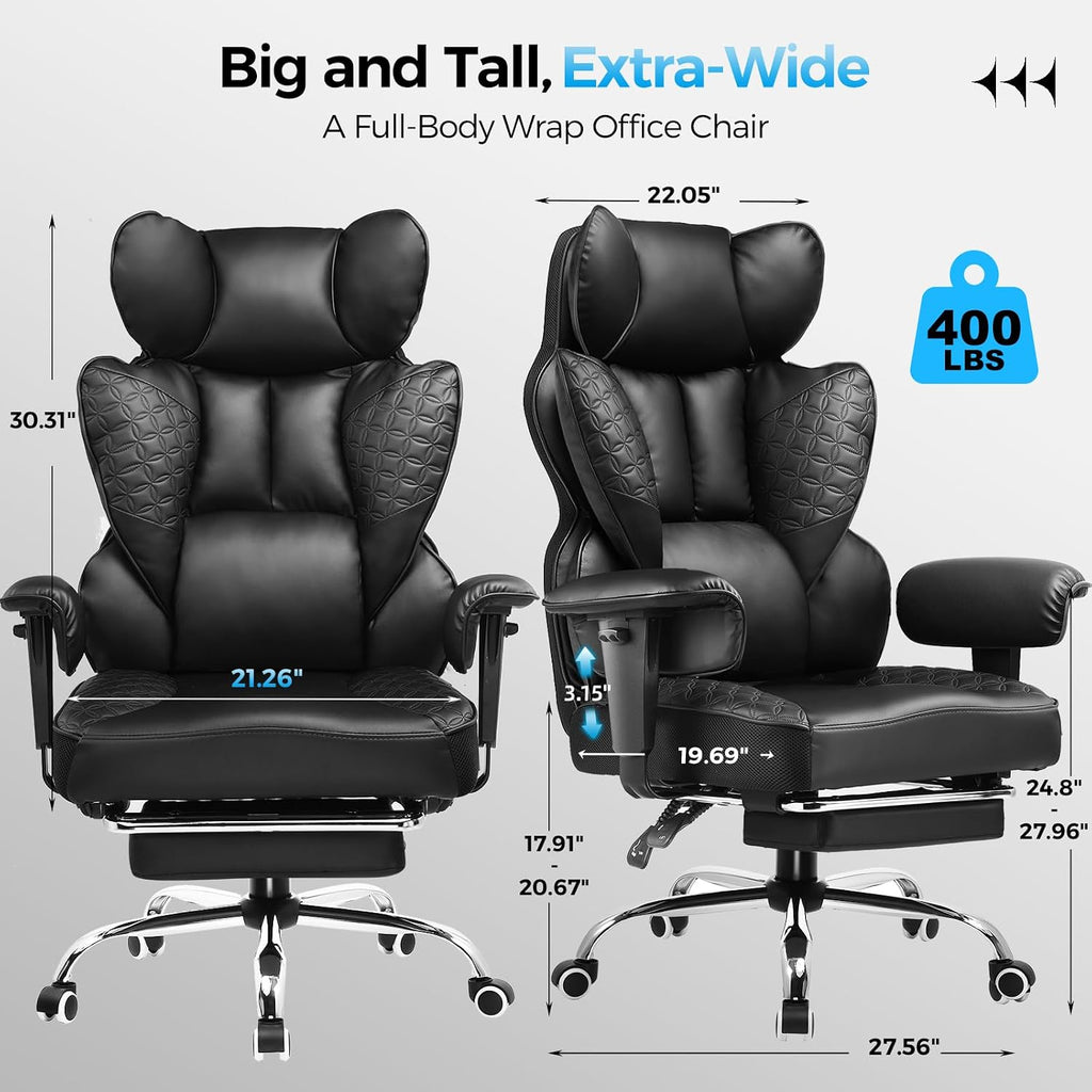 Comhoma Big And Tall Office Chair Heavy Duty Wide Ergonomic Gaming Chair With Deluxe Embossing Designed Leather With Foot Rest,150°Reclining Adjustable Armrests Pocket Spring Back Support And Pillow