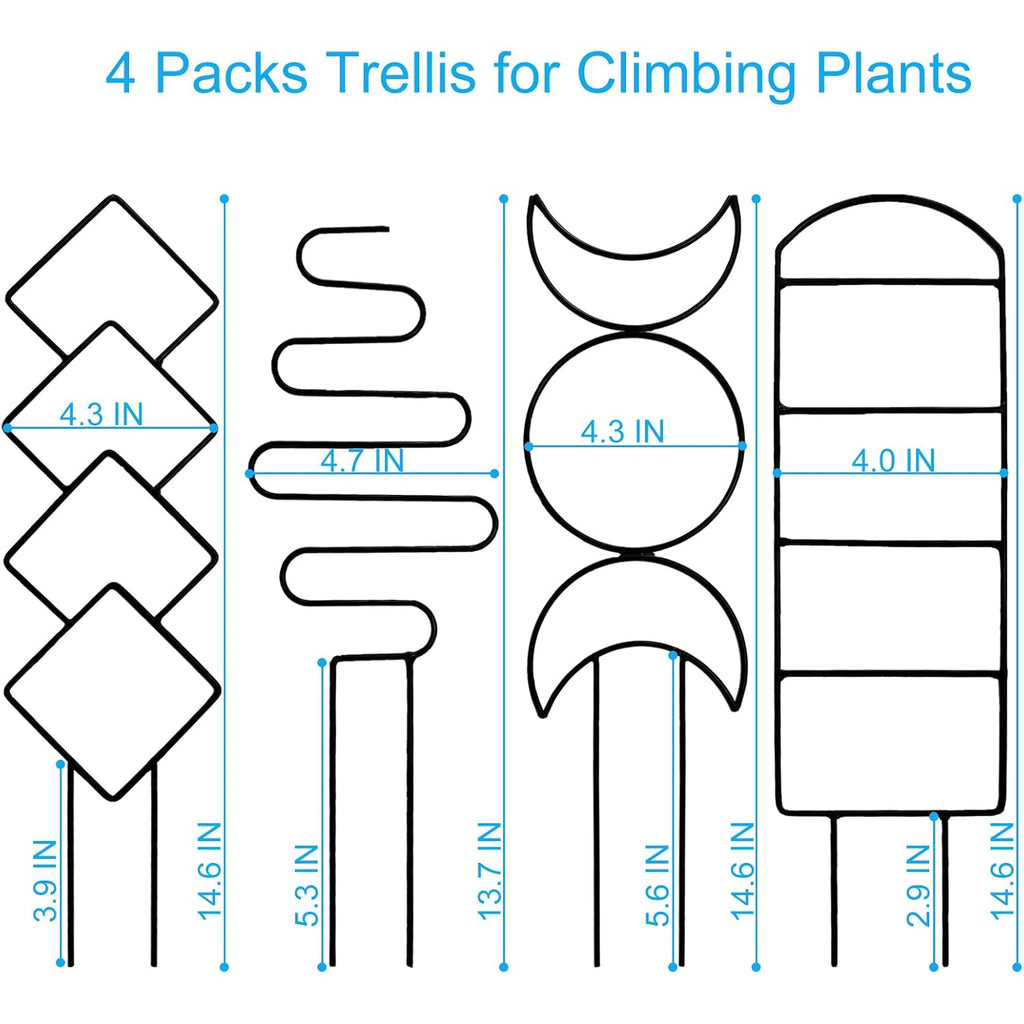 4 Packs Trellis For Climbing Plants Indoor, Henable Small Garden Metal Trellis For Potted Plants Outdoor For Vine Ivy Flower Plant Support, 4 Different Black Iron Patterns