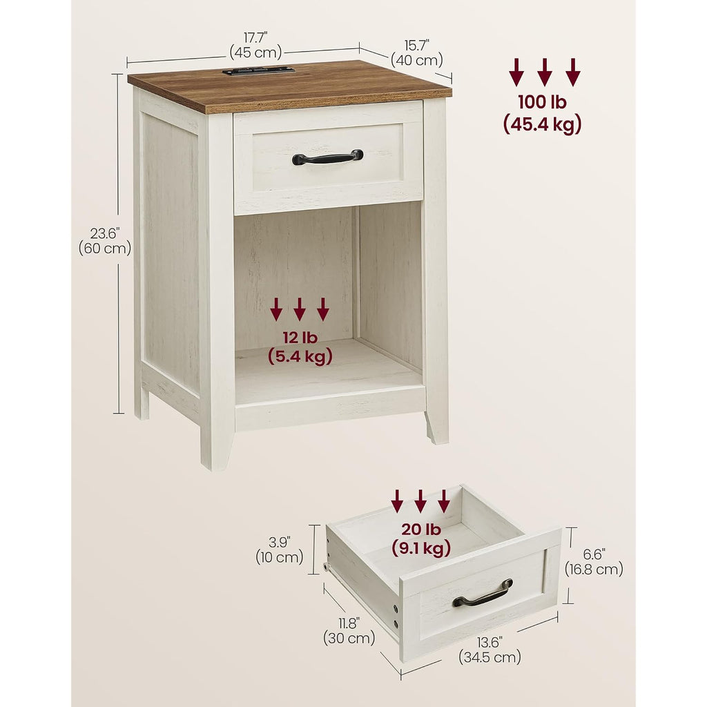 Vasagle Liry Collection - Farmhouse Nightstands With Charging Station, Set Of 2 Bedside Tables, Side Tables With Drawer, Open Compartment, For Bedroom, Rustic White And Honey Brown Ulet859K41