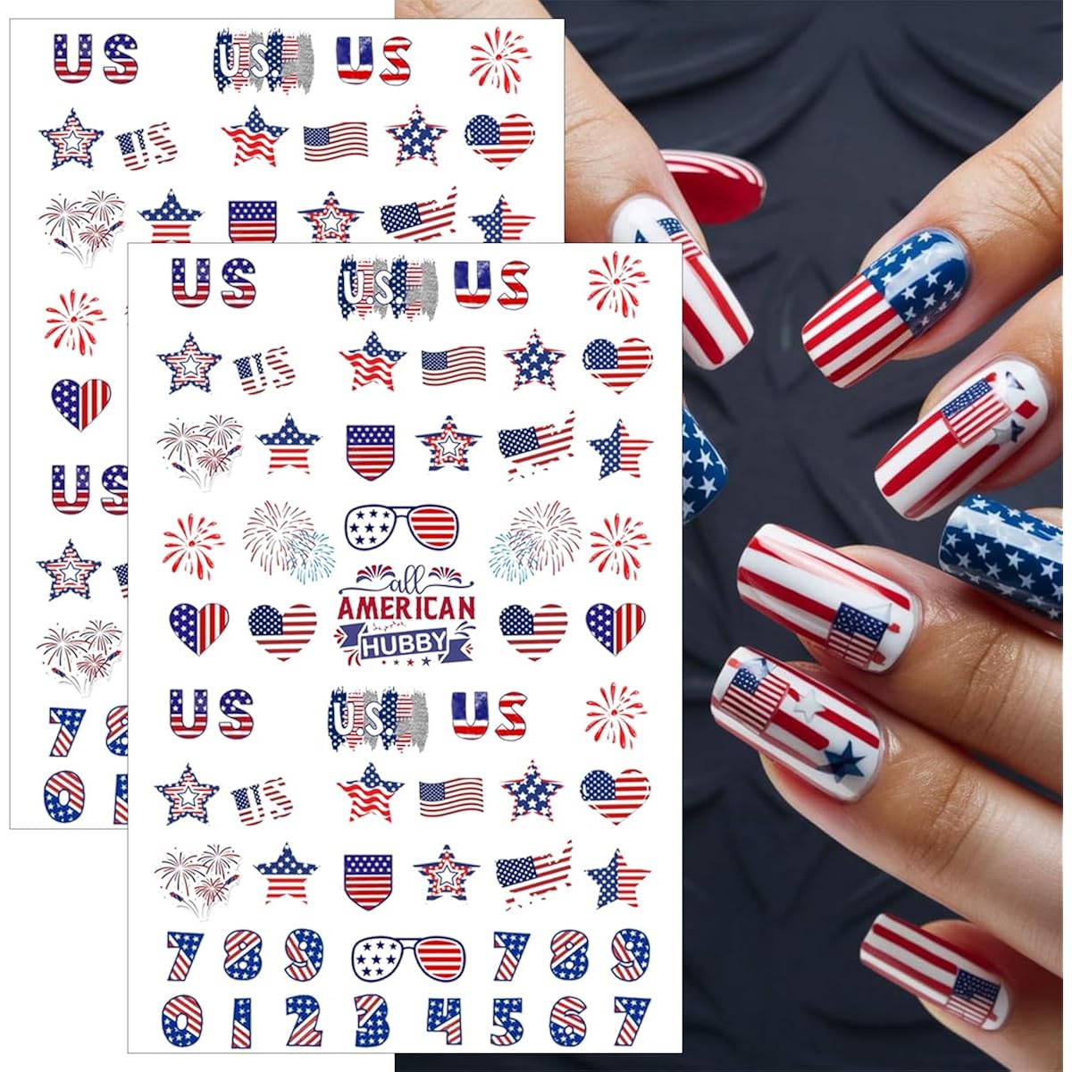 6 Sheets 4th of July Nail Stickers for Nail Art 3D Self Adhesive Independence Day Nail Art Stickers American Flag Stars Letters Fireworks Nail Decals Fourth of July Design Sticker for Women
