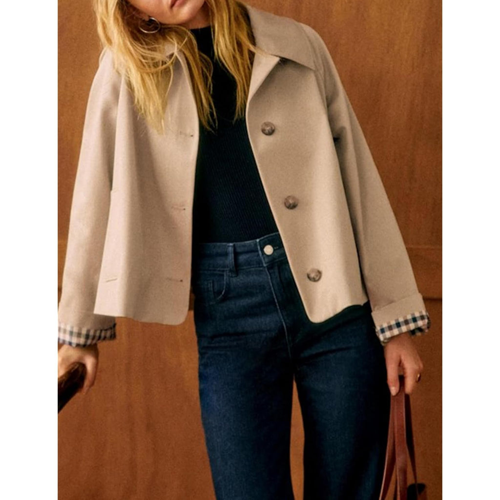 Women Oversize Trench Coat Plaid Lining Lapel Button Down Casual Crop Jacket Outwear With Pockets