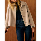 Women Oversize Trench Coat Plaid Lining Lapel Button Down Casual Crop Jacket Outwear With Pockets