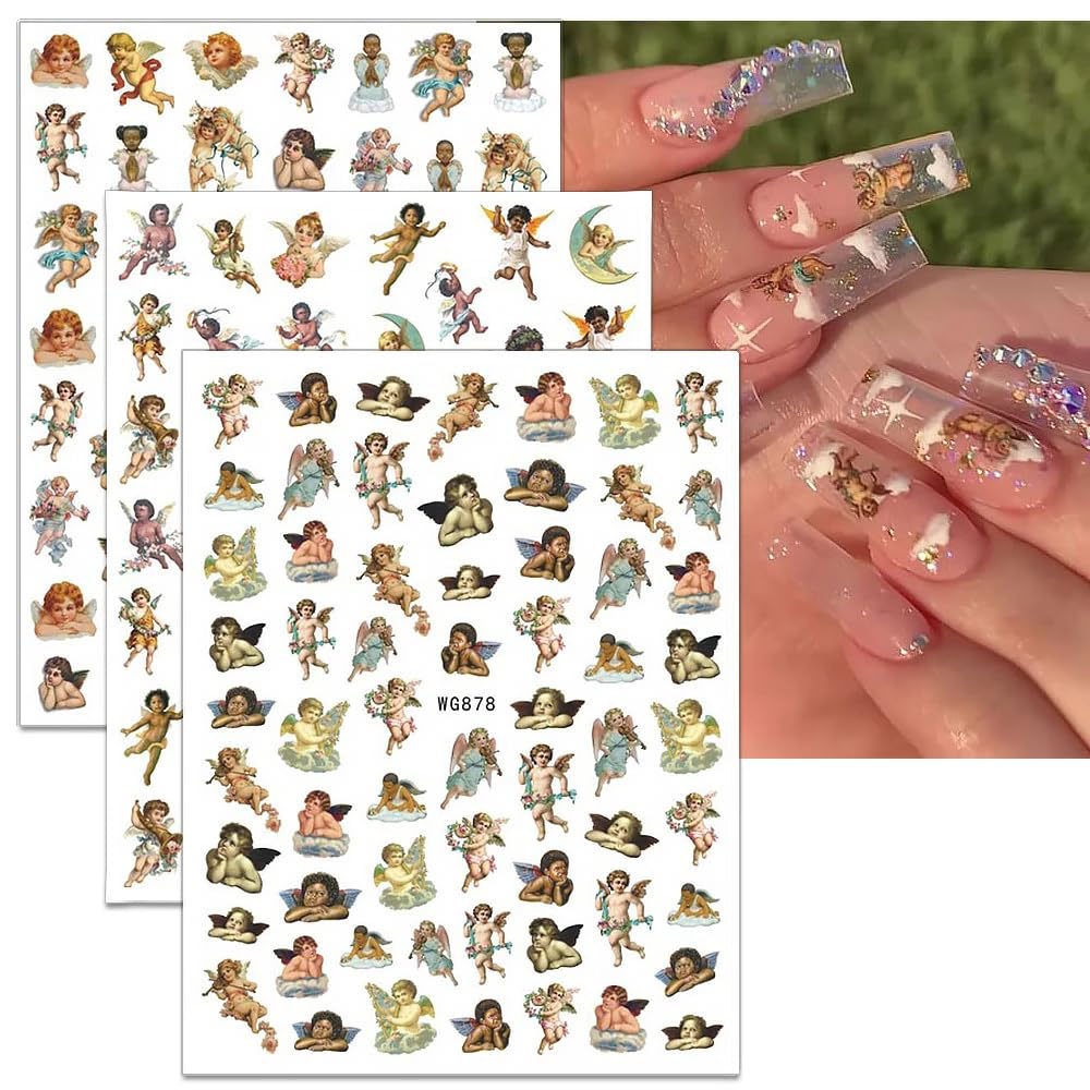 Cupid Angel Nail Art Stickers Cupid Nail Decals 8 Sheets 3D Self Adhesive Angel Design Nail Stickers Valentine's Day Nail Stickers Nail Charms Supplies Decoration for Women Acrylic DIY Manicure Tips