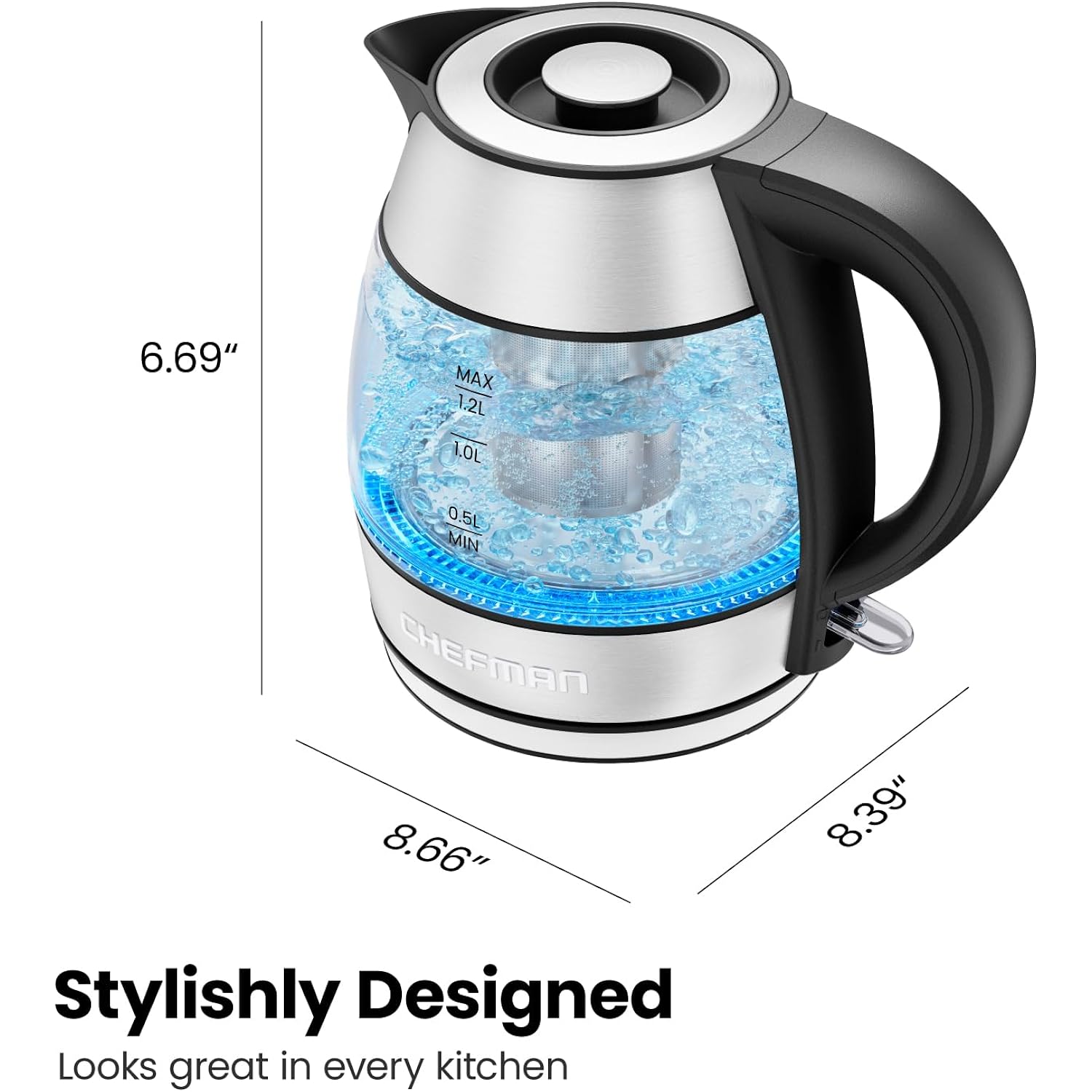 CHEFMAN Electric Kettle - 1.2L 1500W Hot Water Tea Pot with Infuser, BPA Free, Auto Shut Off, Boil-Dry Protection, Removable Lid, LED Light, Cordless Glass Electric Tea Kettle – Stainless Steel