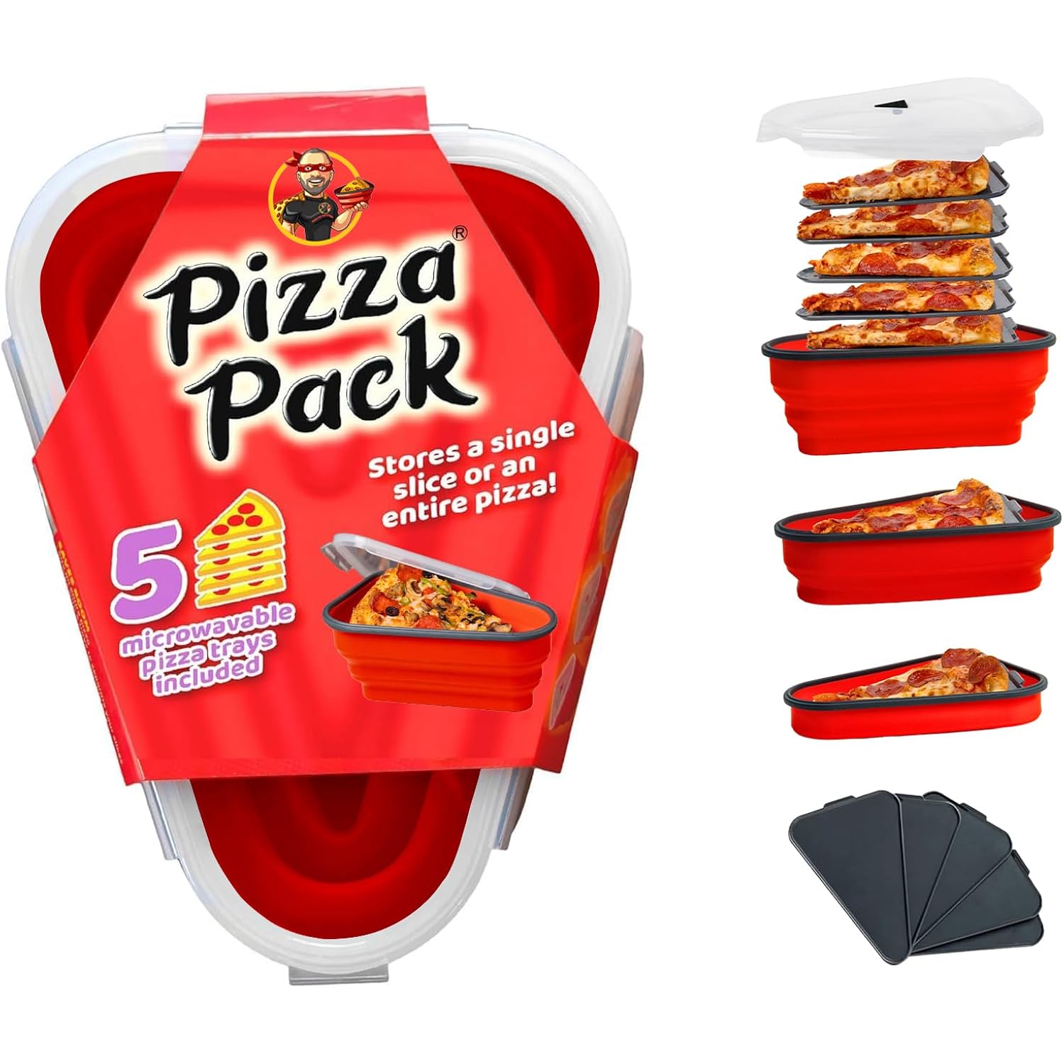 The Perfect Pizza Pack™ - Reusable Pizza Storage Container With 5 Microwavable Serving Trays - Bpa-Free Adjustable Pizza Slice Container To Organize & Save Space, Red