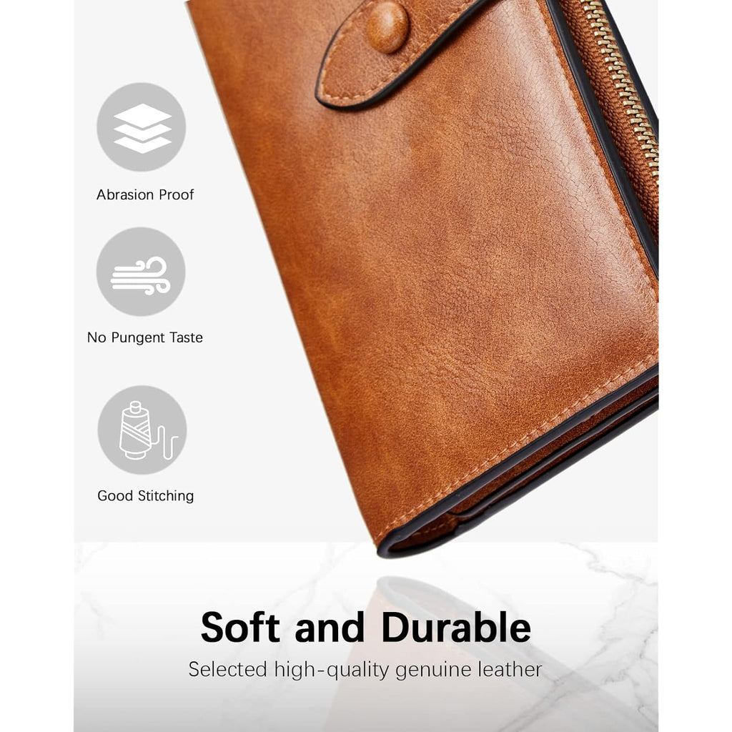 BOSTANTEN Leather Wallets RFID Blocking Large Capacity Trifold Card Holder Ladies Phone Clutch Brown