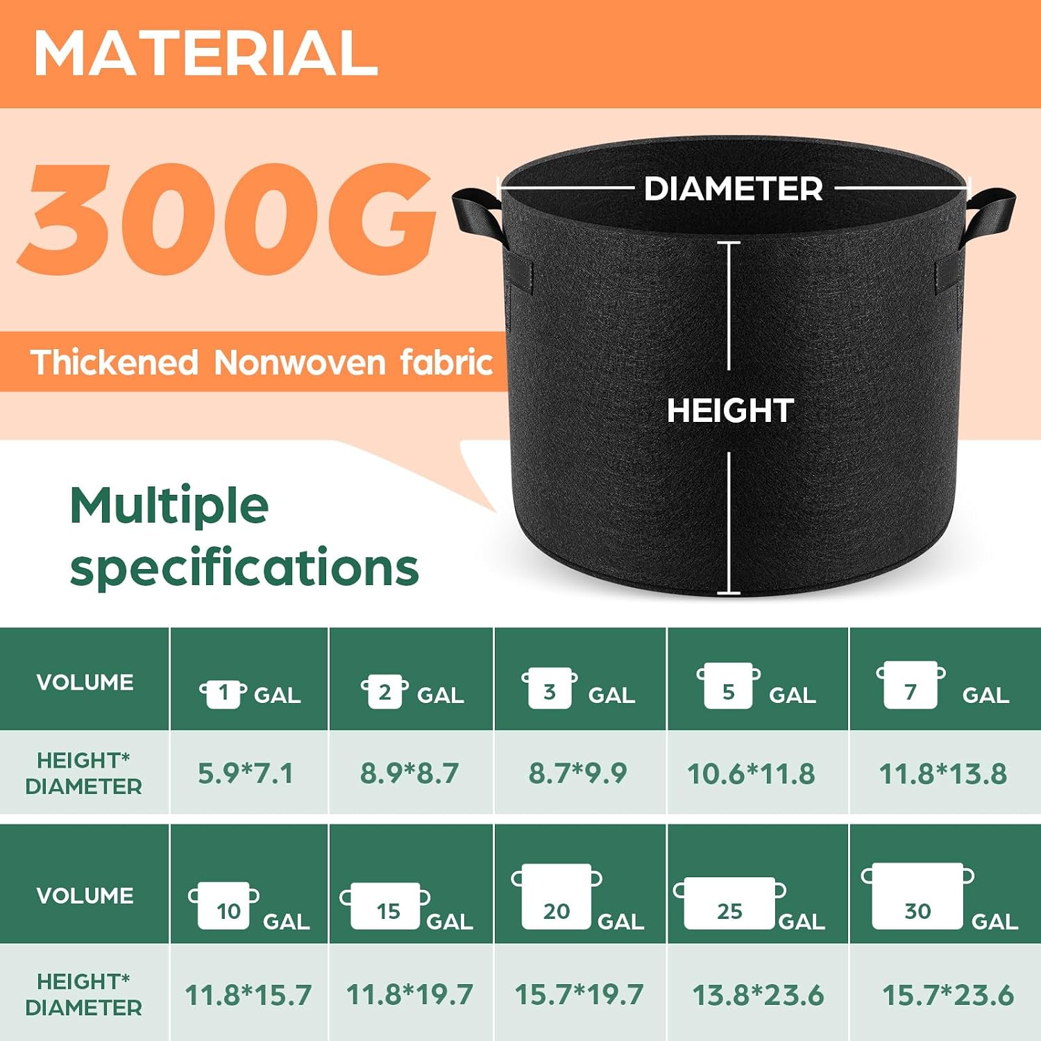 Jorvila 5-Pack 5 Gallon Grow Bags | Thickened Nonwoven Fabric Pots, Garden Grow Bags With Handles, Heavy Duty 300G Outdoor Planters