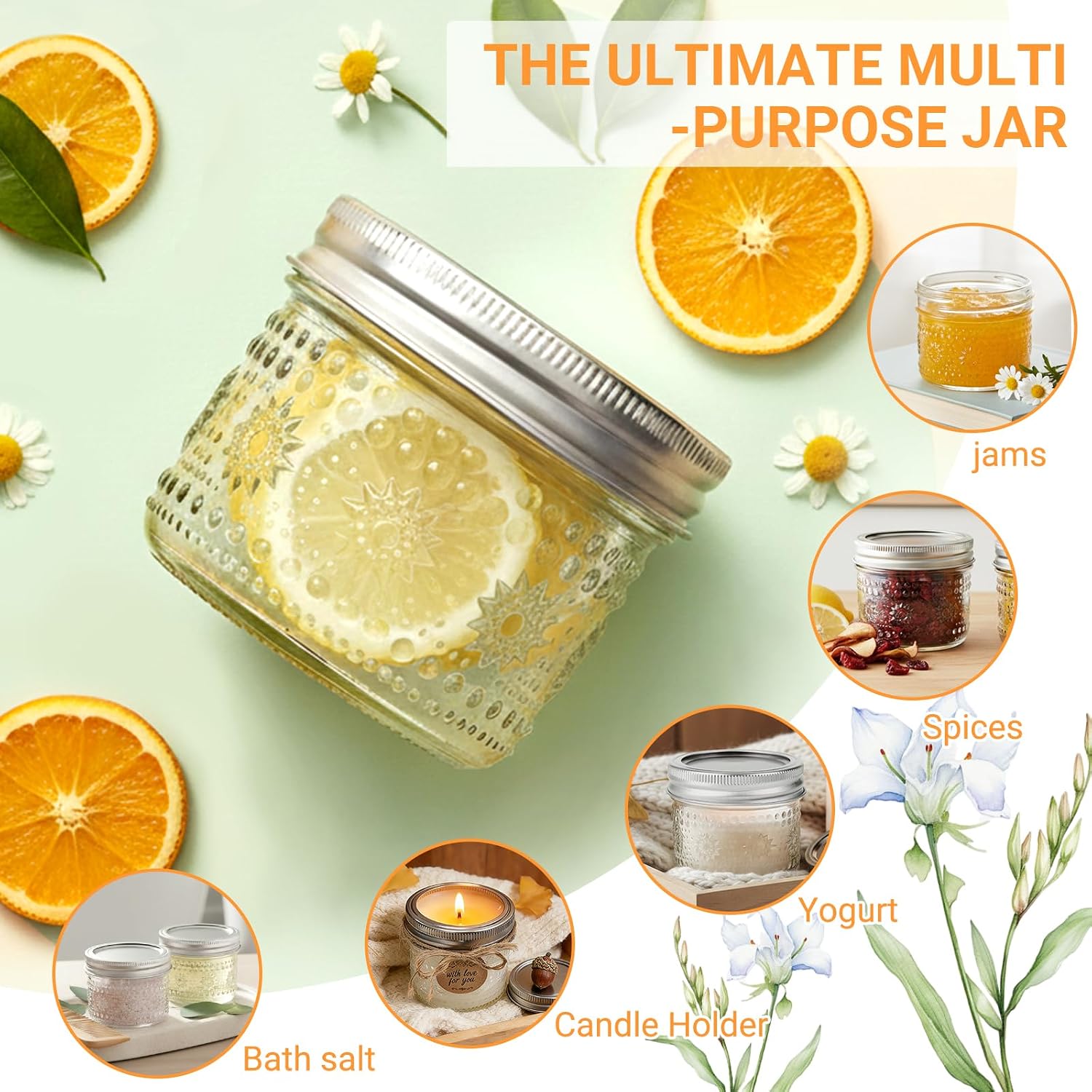 4 Oz Small Embossed Mason Jars 24-Pack With Airtight Lids, Leakproof | Mini Canning Jars, Reusable, For Jam/Jelly/Honey, Spices, Diy Candles, Wedding Favors & Gift Packaging