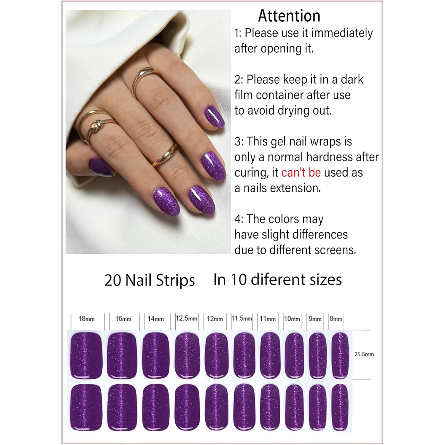 Semi Cured Gel Nail Strips, Purple Cat Eye 20pcs Adhesive UV Sticker, Wraps for Home Manicure DIY
